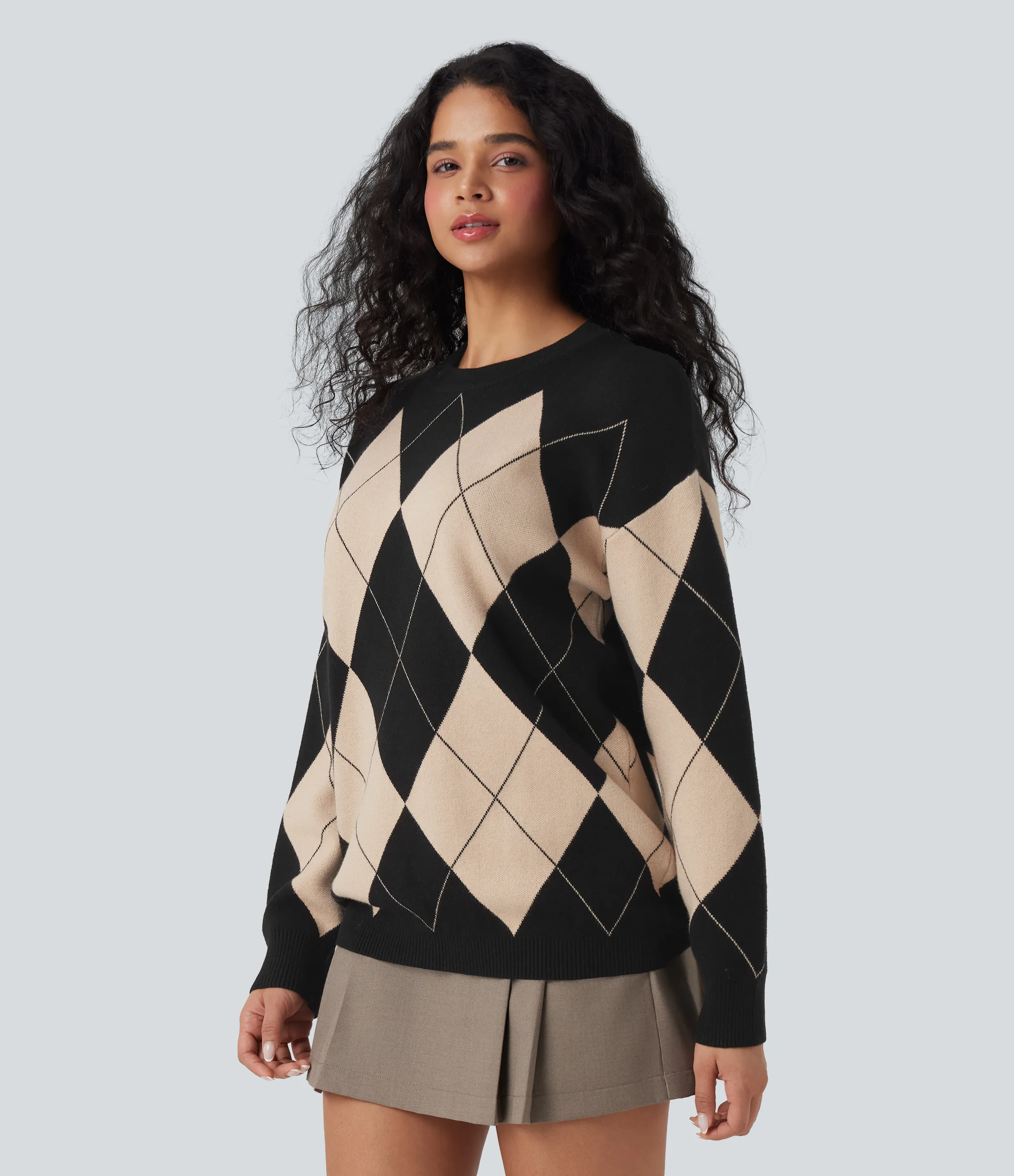 Halara Suéter de oficina con cuello redondo de manga larga y cuadros de rombos - Moonlight Diamond - L sold by Halara product image thumbnail 3