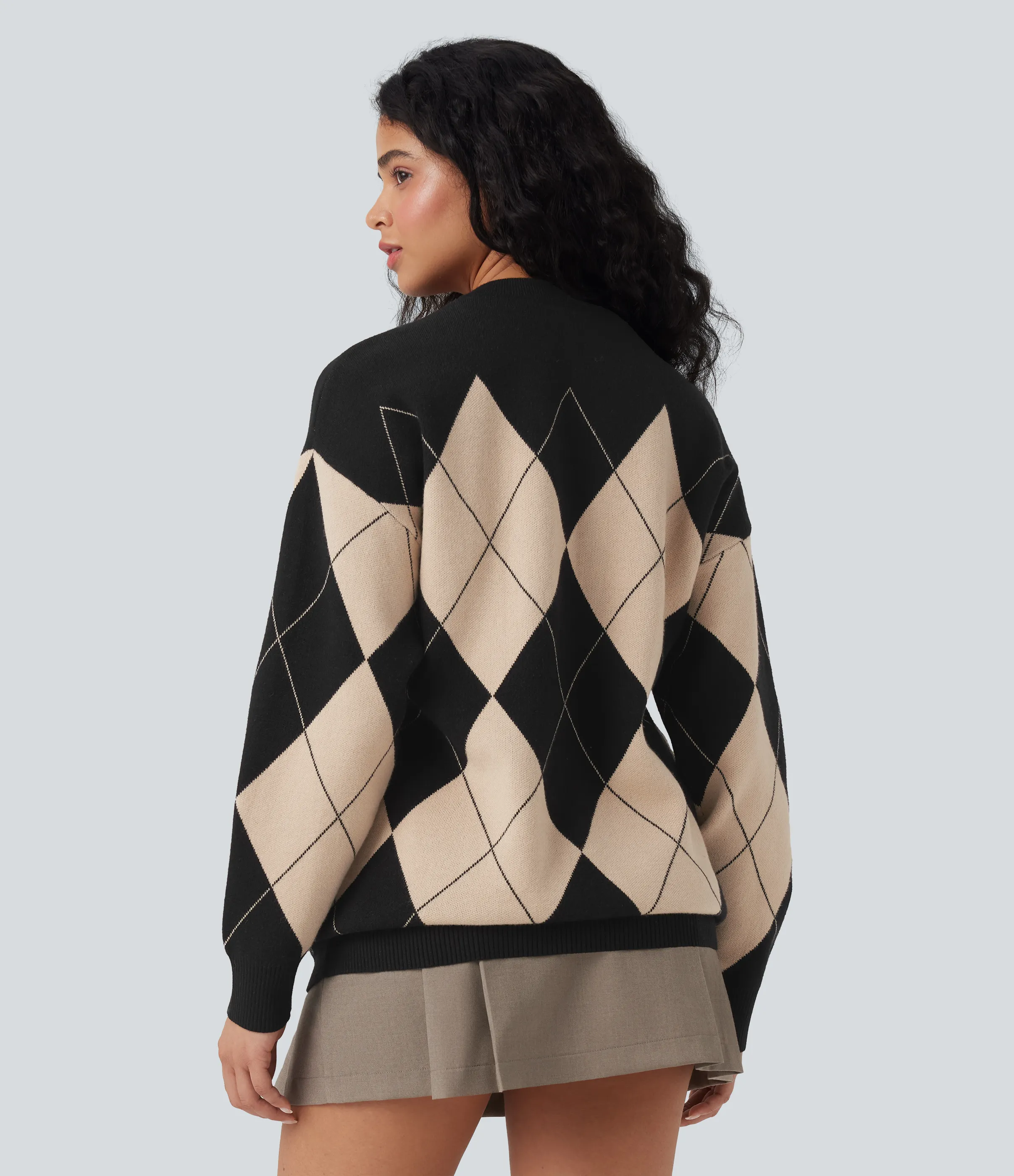 Halara Suéter de oficina con cuello redondo de manga larga y cuadros de rombos - Moonlight Diamond - L sold by Halara product image thumbnail 4