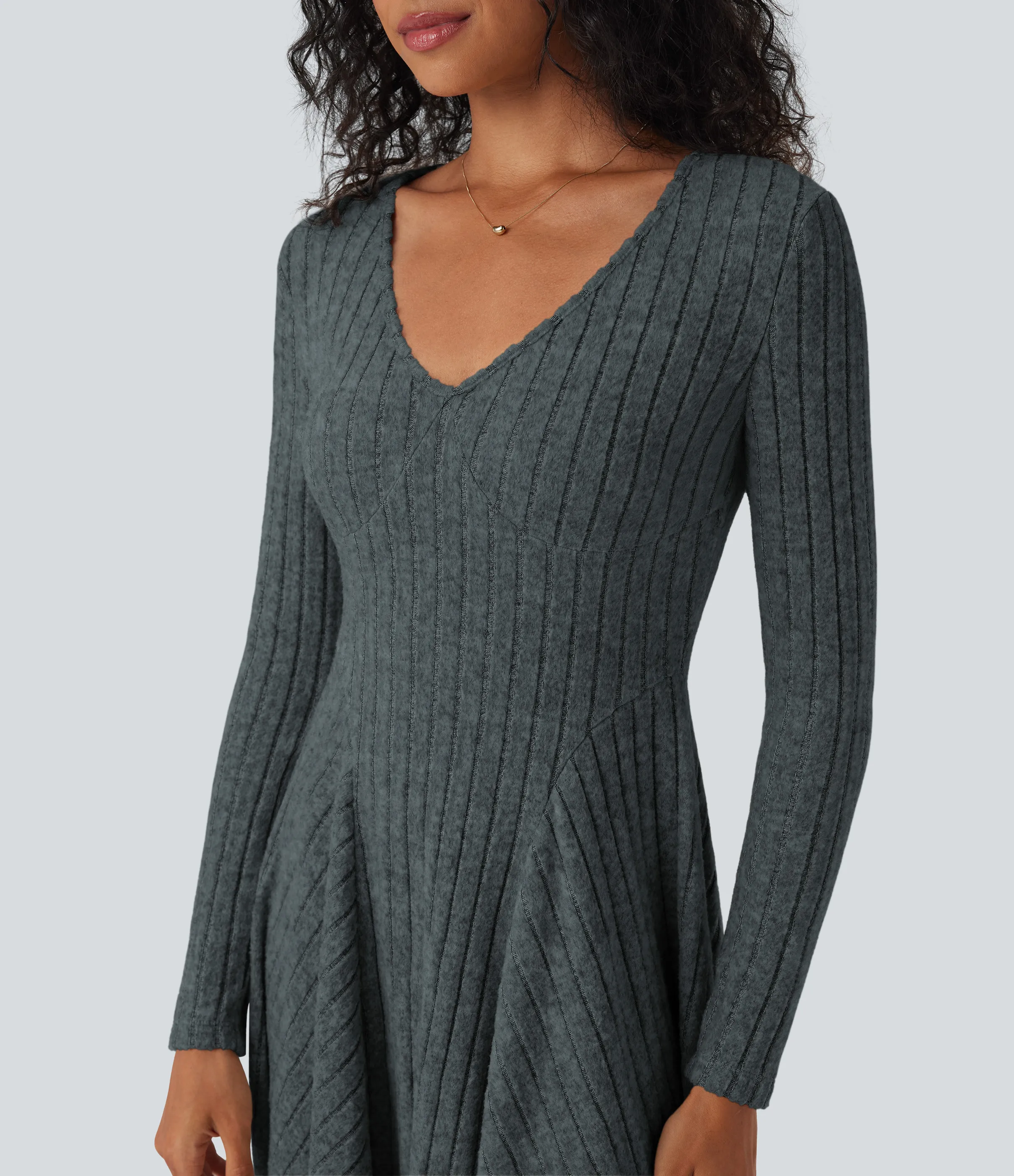 Halara Vestido mini casual acampanado de punto acanalado con cuello en V y manga larga - Mottled Grey Blue - L sold by Halara product image thumbnail 5