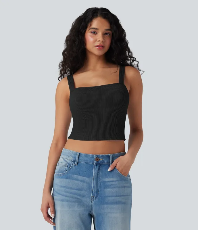 Halara Top corto casual de tirantes con cuello cuadrado y punto acanalado - Black - L made by Halara