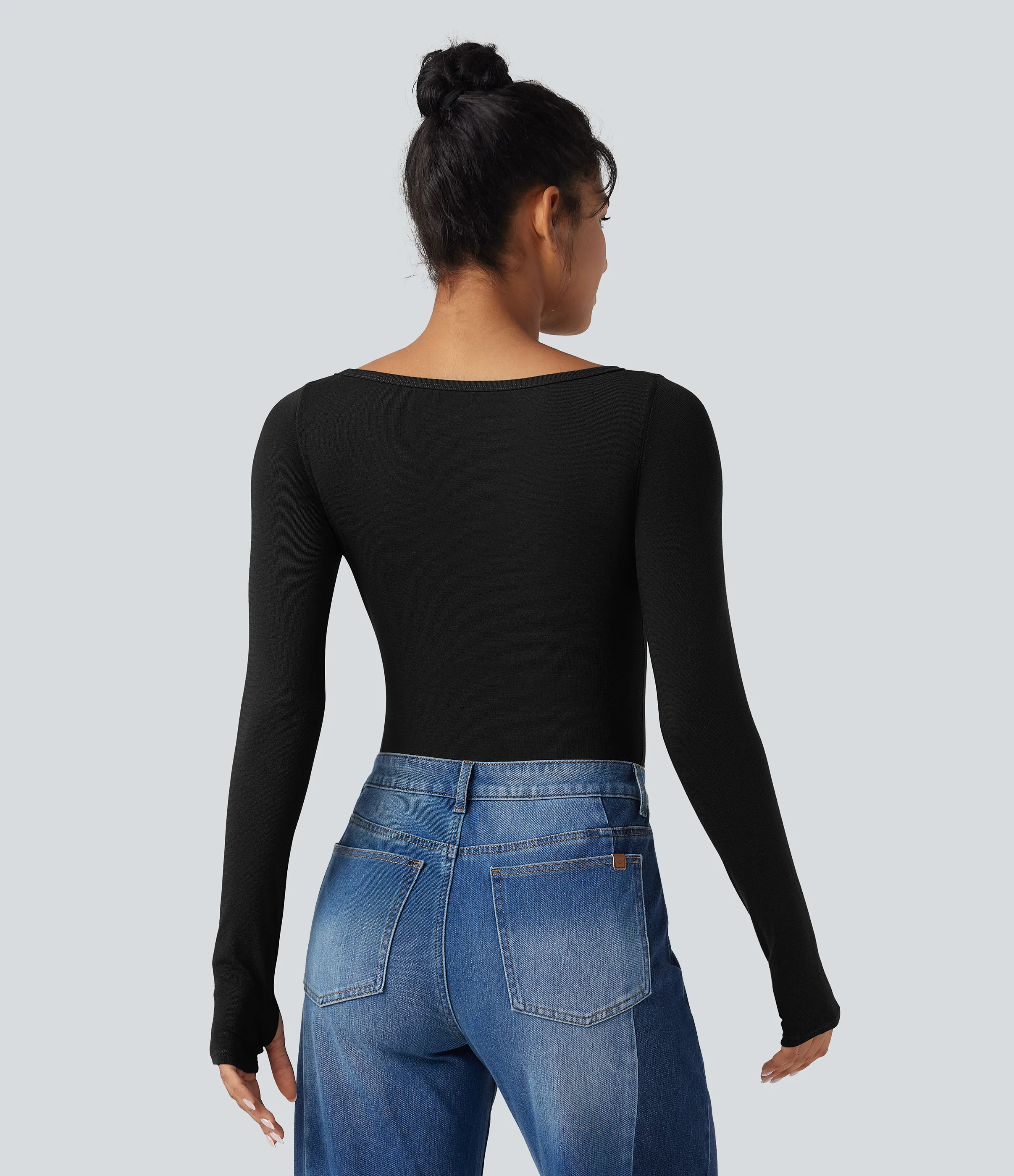 Halara Top casual de lana con cuello barco de manga larga y abertura para el pulgar - Black - M sold by Halara product image thumbnail 3