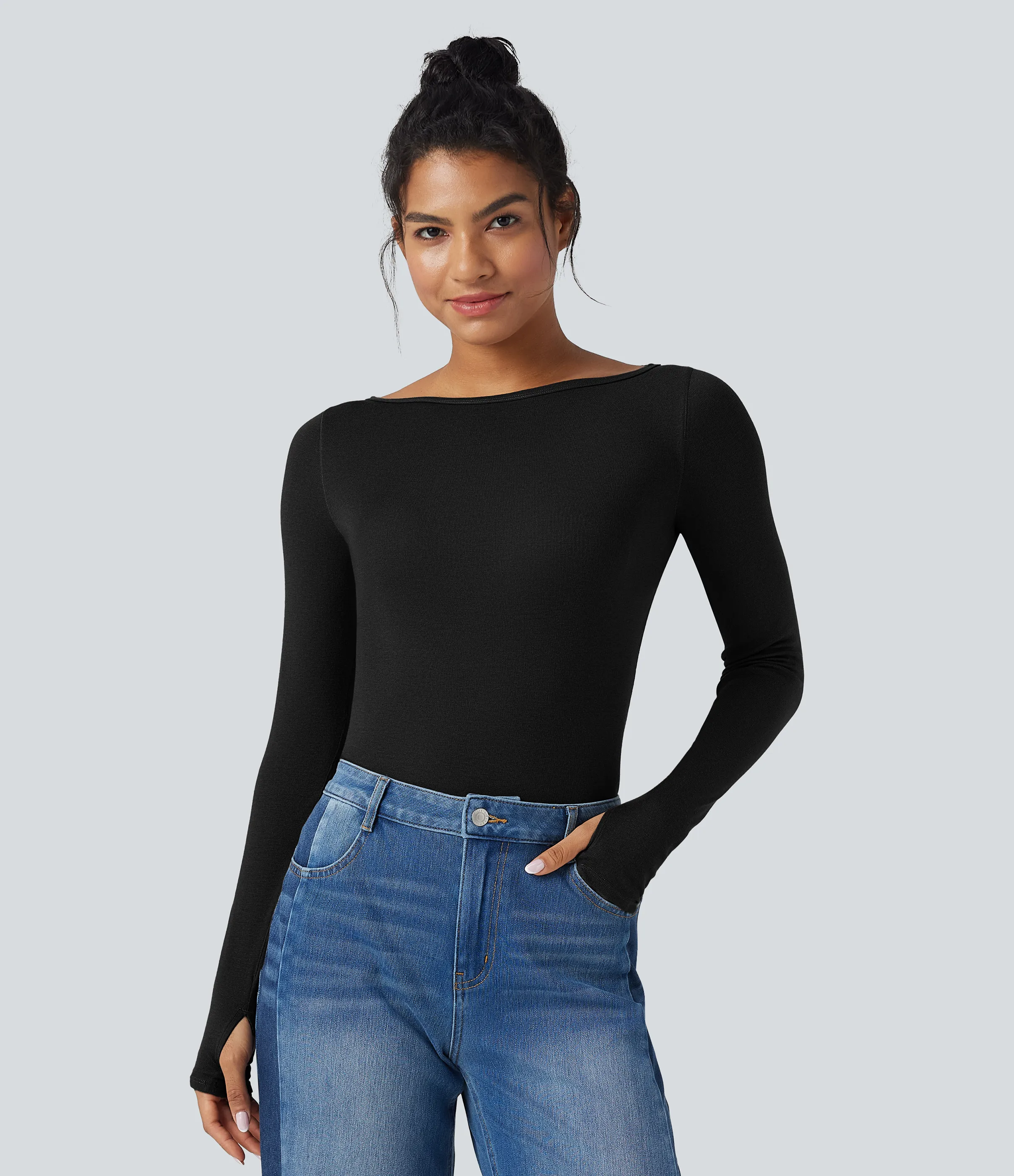 Halara Top casual de lana con cuello barco de manga larga y abertura para el pulgar - Black - XL sold by Halara