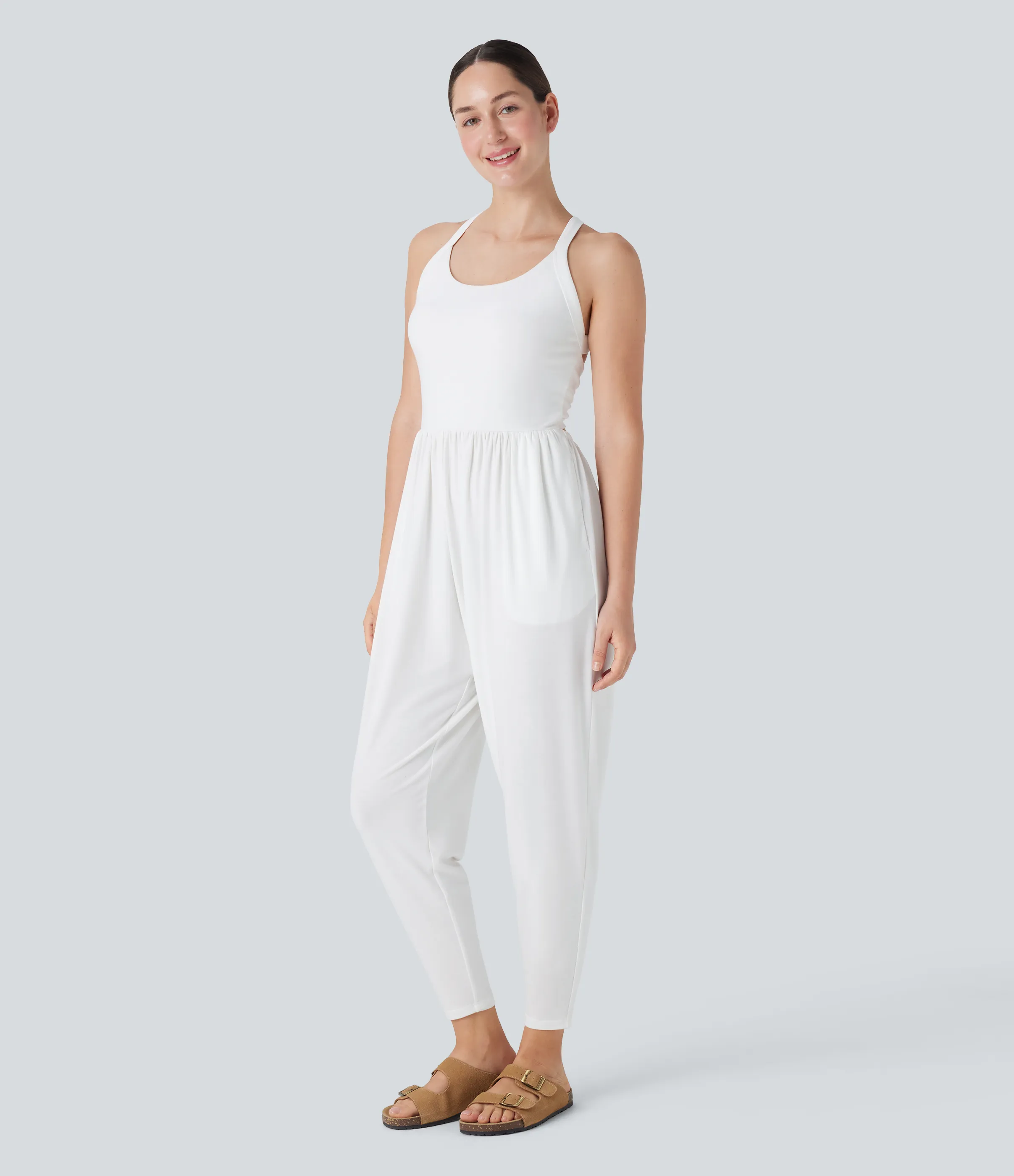 Halara Mono casual de harén con espalda descubierta y bolsillos laterales - Edición Easy Peezy - White - XS(regular) sold by Halara product image thumbnail 4