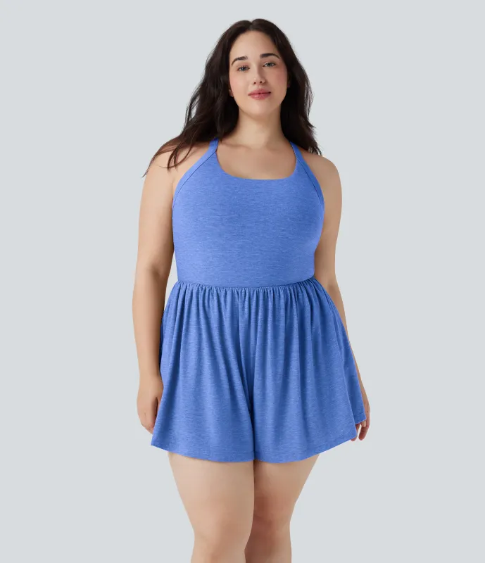 Halara Mono 2 en 1 talla grande sin espalda bolsillo - Edición Easy Peezy - Sky Blue Floral Yarn - 2X made by Halara