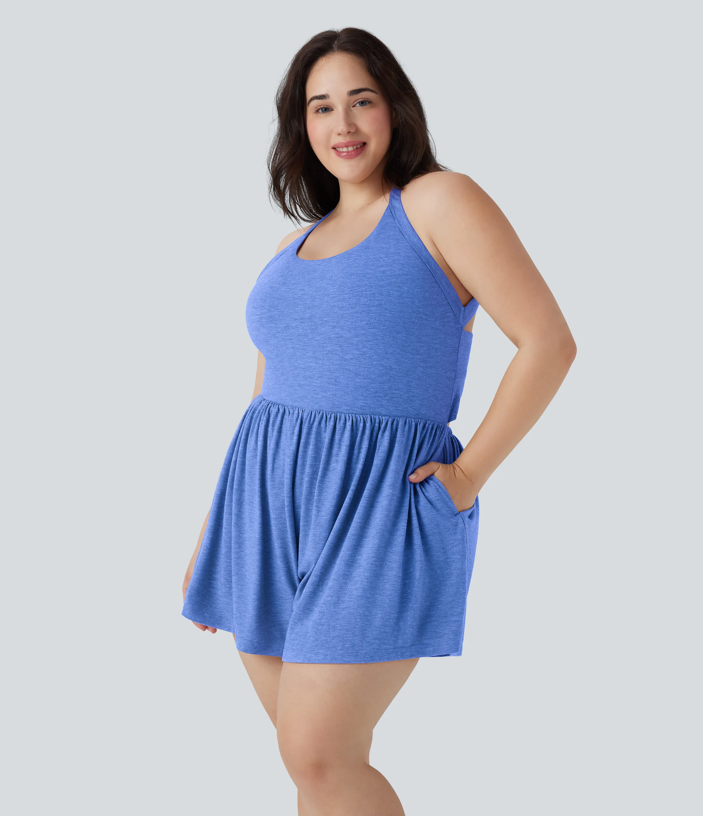 Halara Mono 2 en 1 talla grande sin espalda bolsillo - Edición Easy Peezy - Sky Blue Floral Yarn - 2X sold by Halara product image thumbnail 4