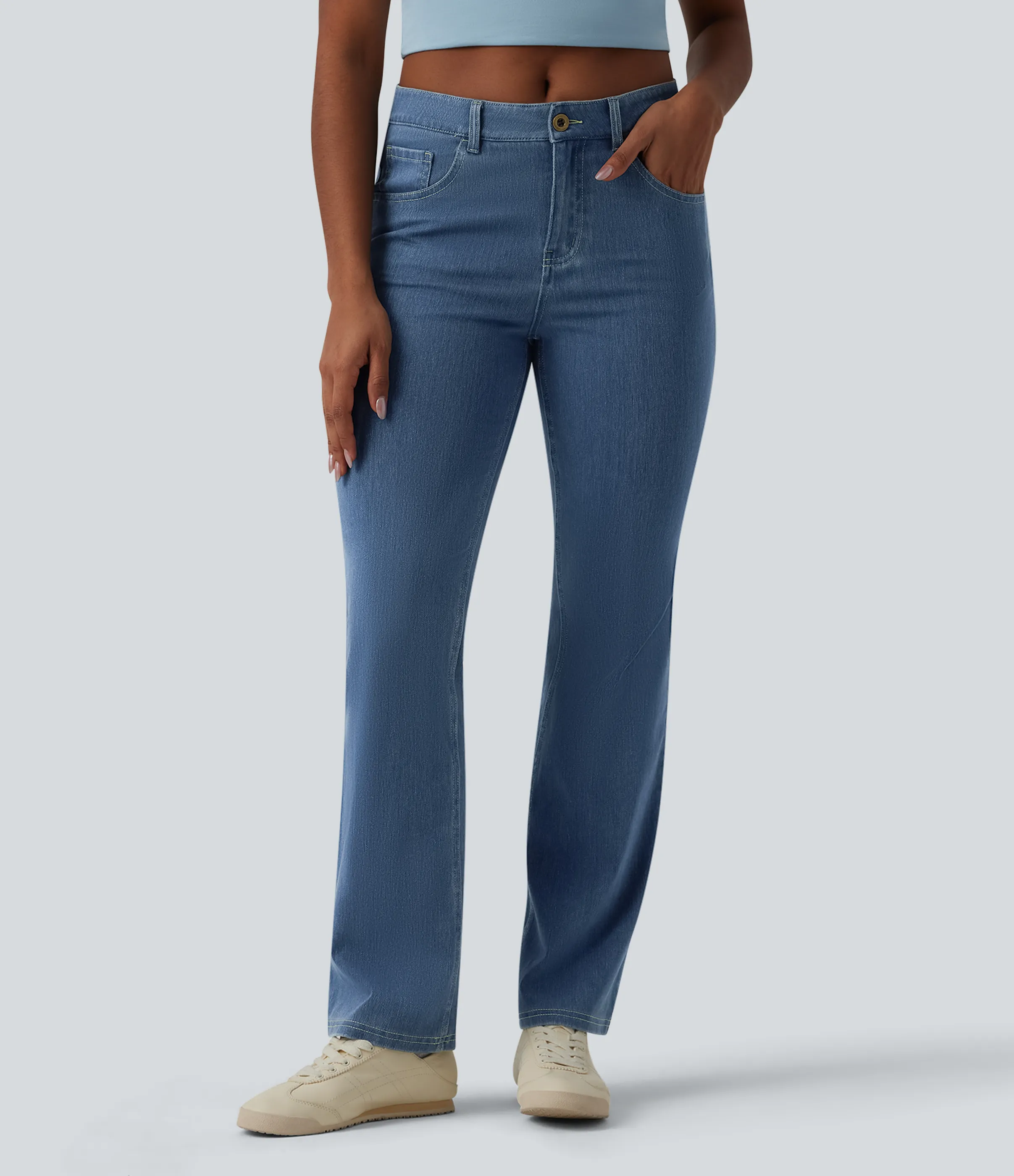 Halara Jeans Halara Flex™ Denim en corte de bota elásticos de tiro medio con botón y bolsillos - Denim Dark Blue - M(regular) sold by Halara product image thumbnail 2