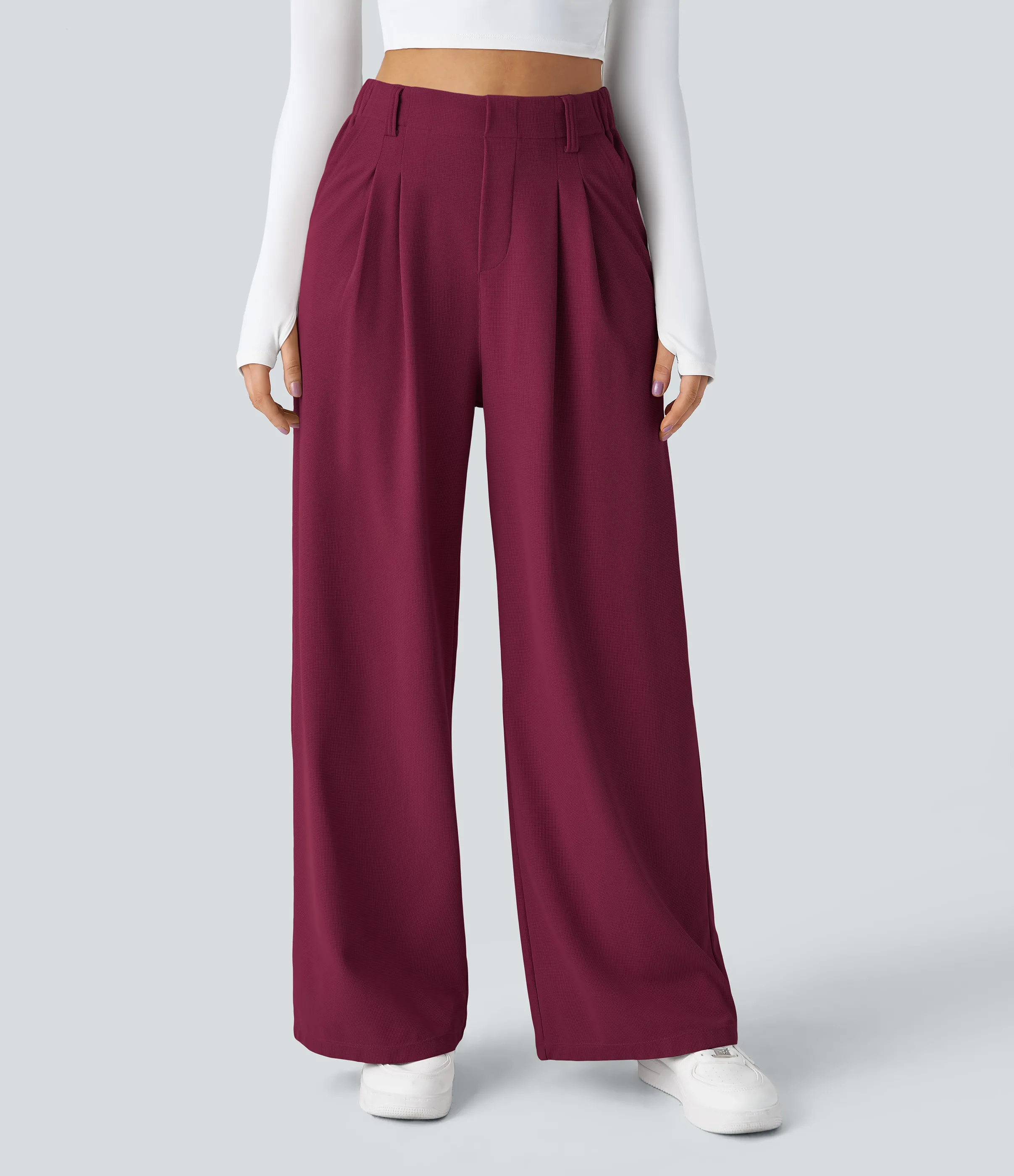 Halara Pantalones Halara Flex™ de oficina anchos plisados de tiro alto con bolsillos en tela tipo gofre - Anemone - XS(regular) sold by Halara product image thumbnail 4