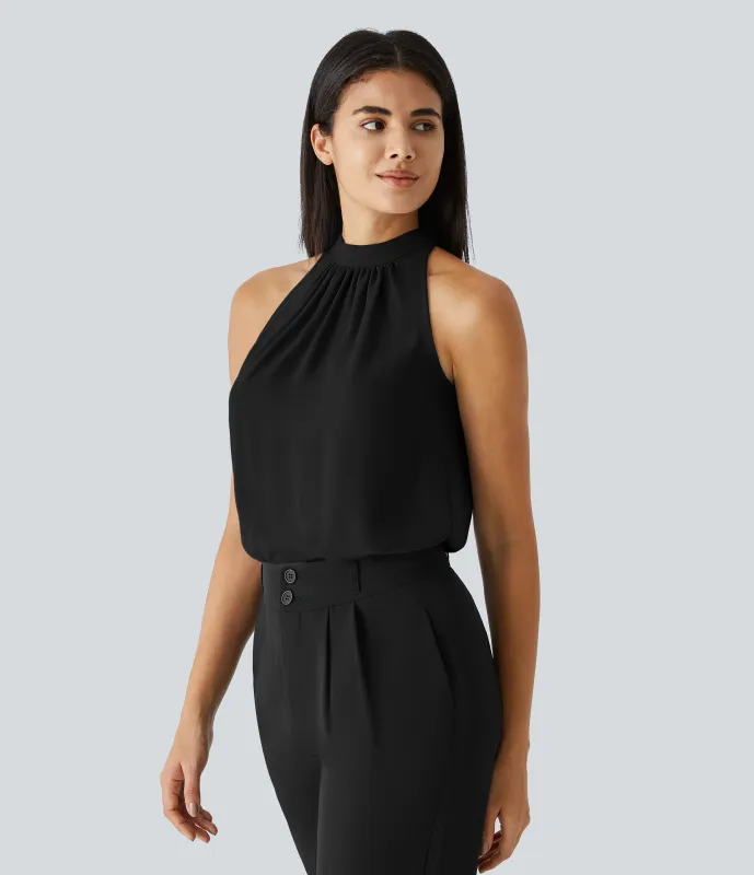 Halara Blusa oficina dobladillo curvado sin manga plisada abertura espalda halter - Black - XS sold by Halara