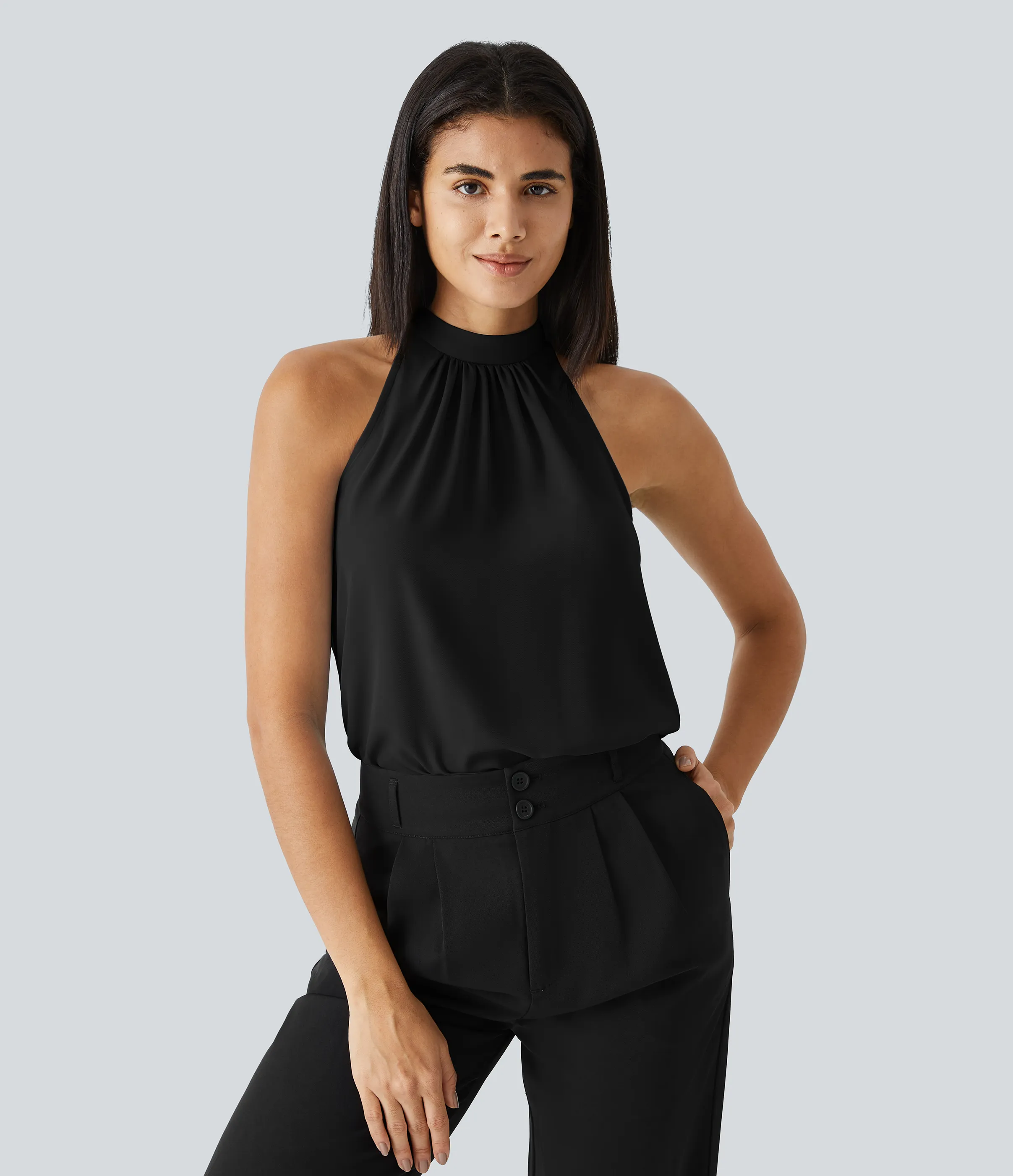 Halara Blusa oficina dobladillo curvado sin manga plisada abertura espalda halter - Black - XS sold by Halara product image thumbnail 4