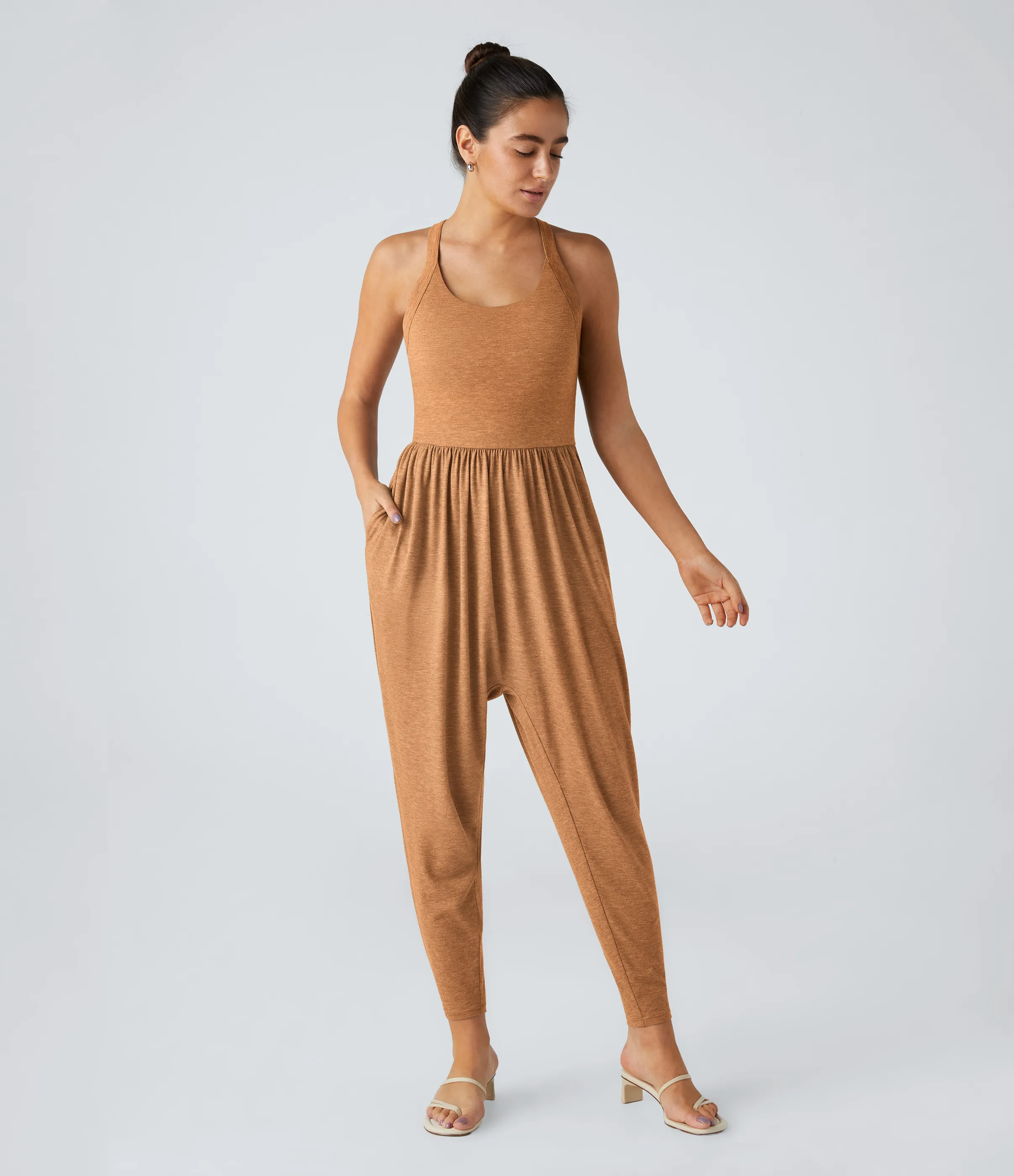 Halara Mono harén bolsillo lateral cuello U torcido sin espalda - Pumpkin Orange Floral Yarn - S(regular) sold by Halara product image thumbnail 3