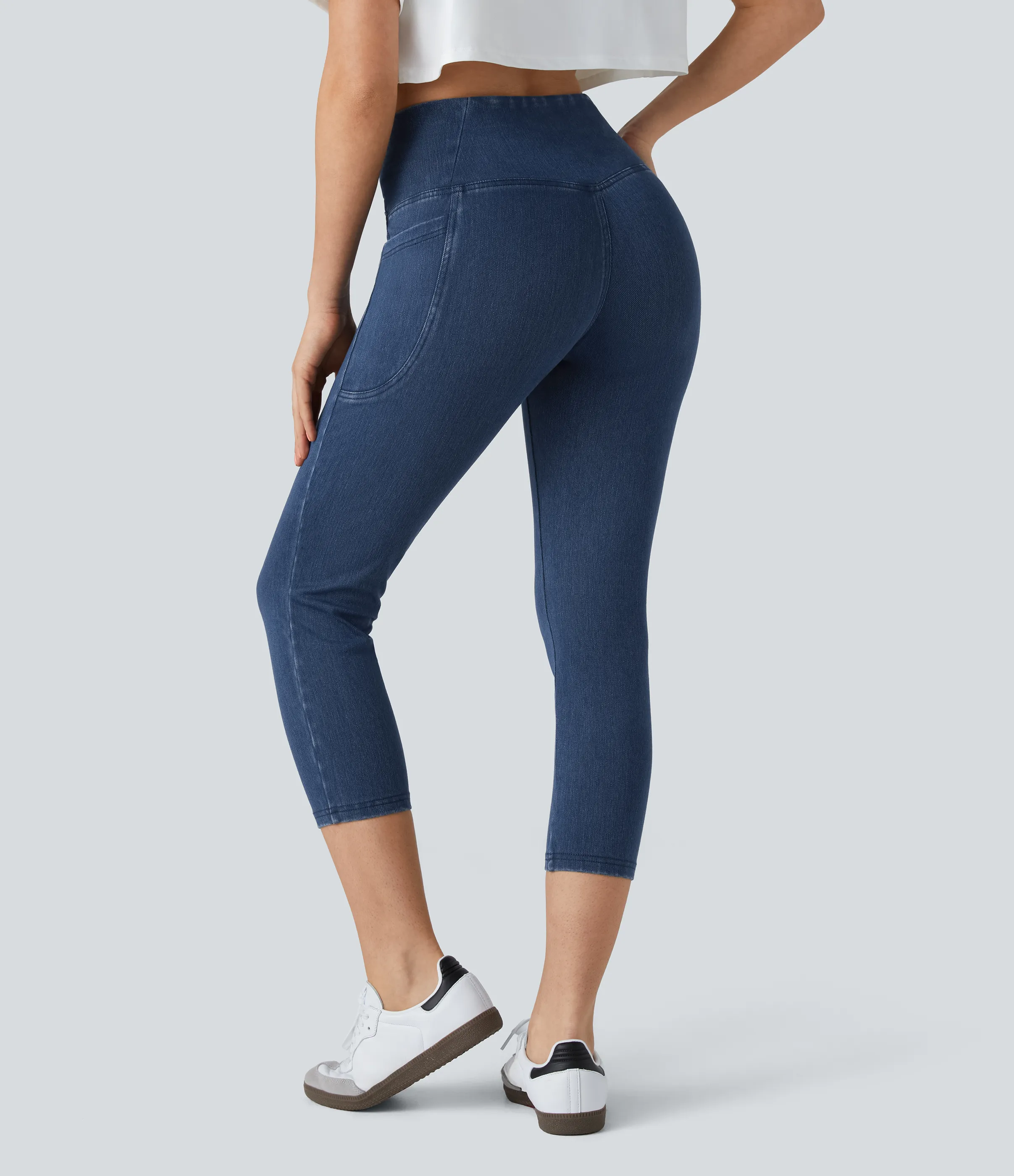 Halara Leggings Halara Flex™ Denim capri mezclilla elástico lavado bolsillo lateral cruzado - Washed Denim Bleached Blue - M(regular) sold by Halara product image thumbnail 3