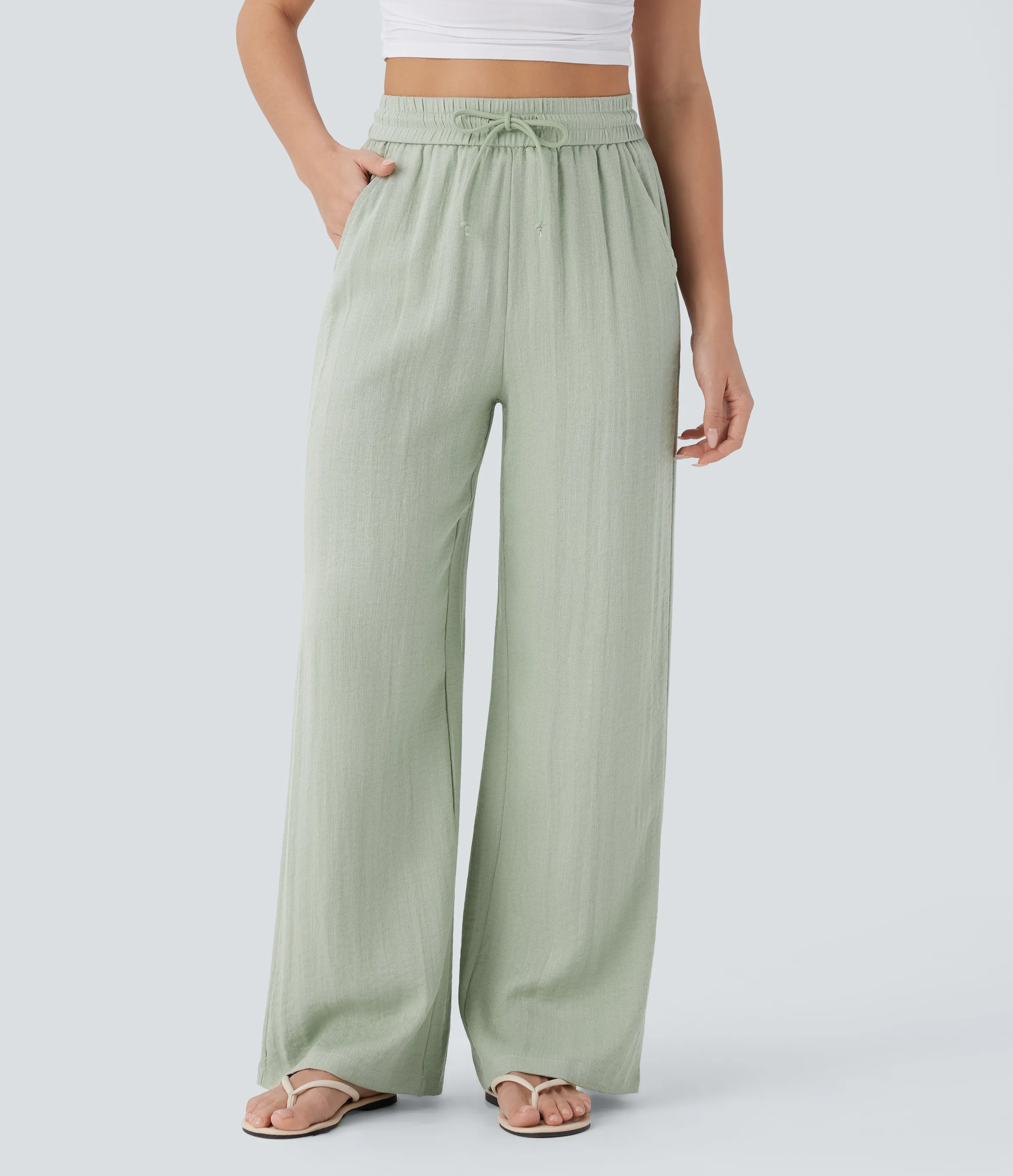 Halara Pantalón lino tiro alto cordón ajustable bolsillo lateral pierna ancha - Pale Aqua - S(tall) sold by Halara product image thumbnail 2