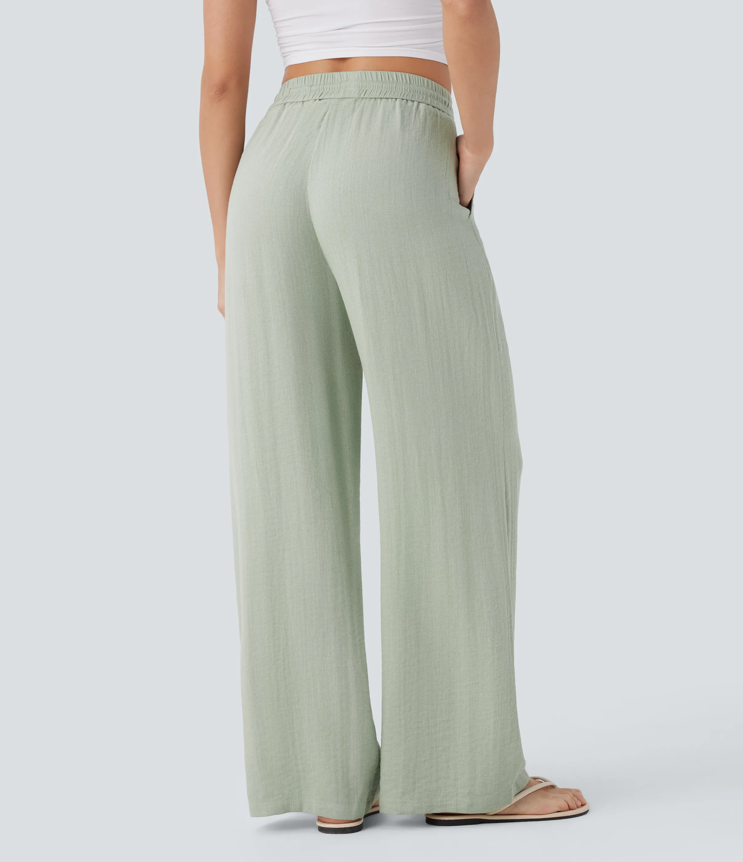Halara Pantalón lino tiro alto cordón ajustable bolsillo lateral pierna ancha - Pale Aqua - S(tall) sold by Halara product image thumbnail 3