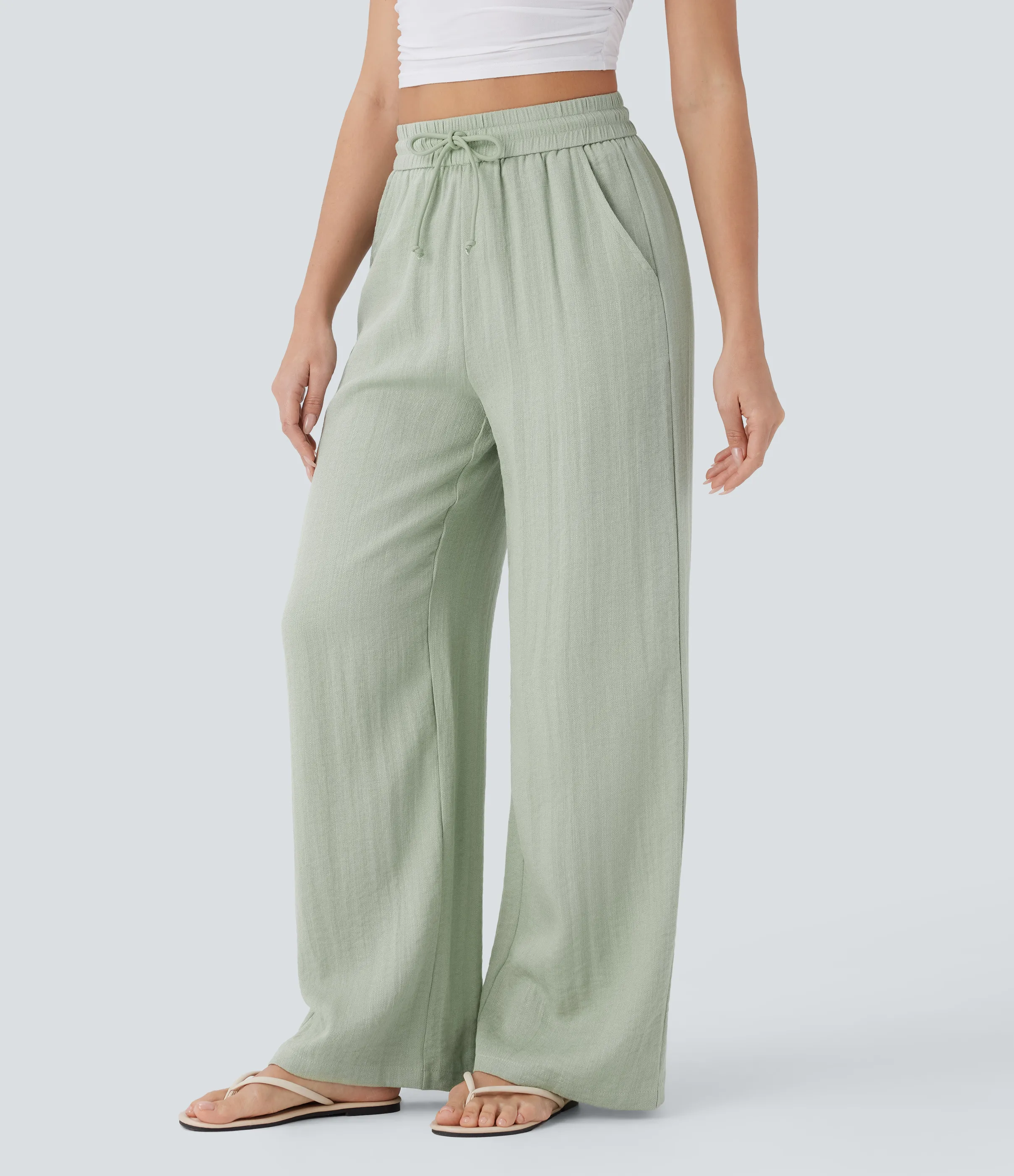 Halara Pantalón lino tiro alto cordón ajustable bolsillo lateral pierna ancha - Pale Aqua - S(tall) sold by Halara product image thumbnail 4