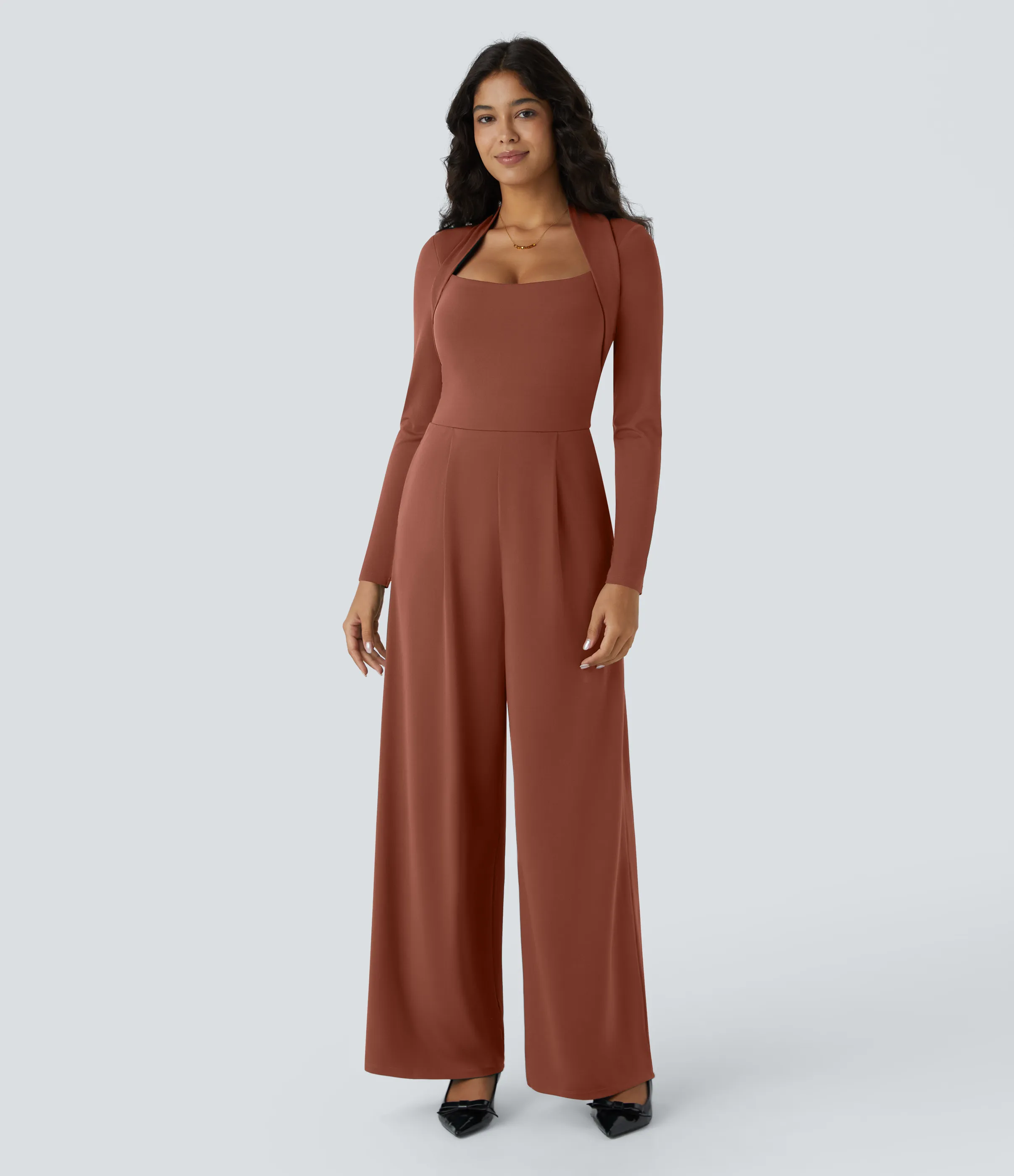 Halara Mono dama honor invitada boda manga larga bolsillo lateral cremallera invisible pierna ancha - Easy Peezy - Maple Syrup - XS(regular) sold by Halara product image thumbnail 2