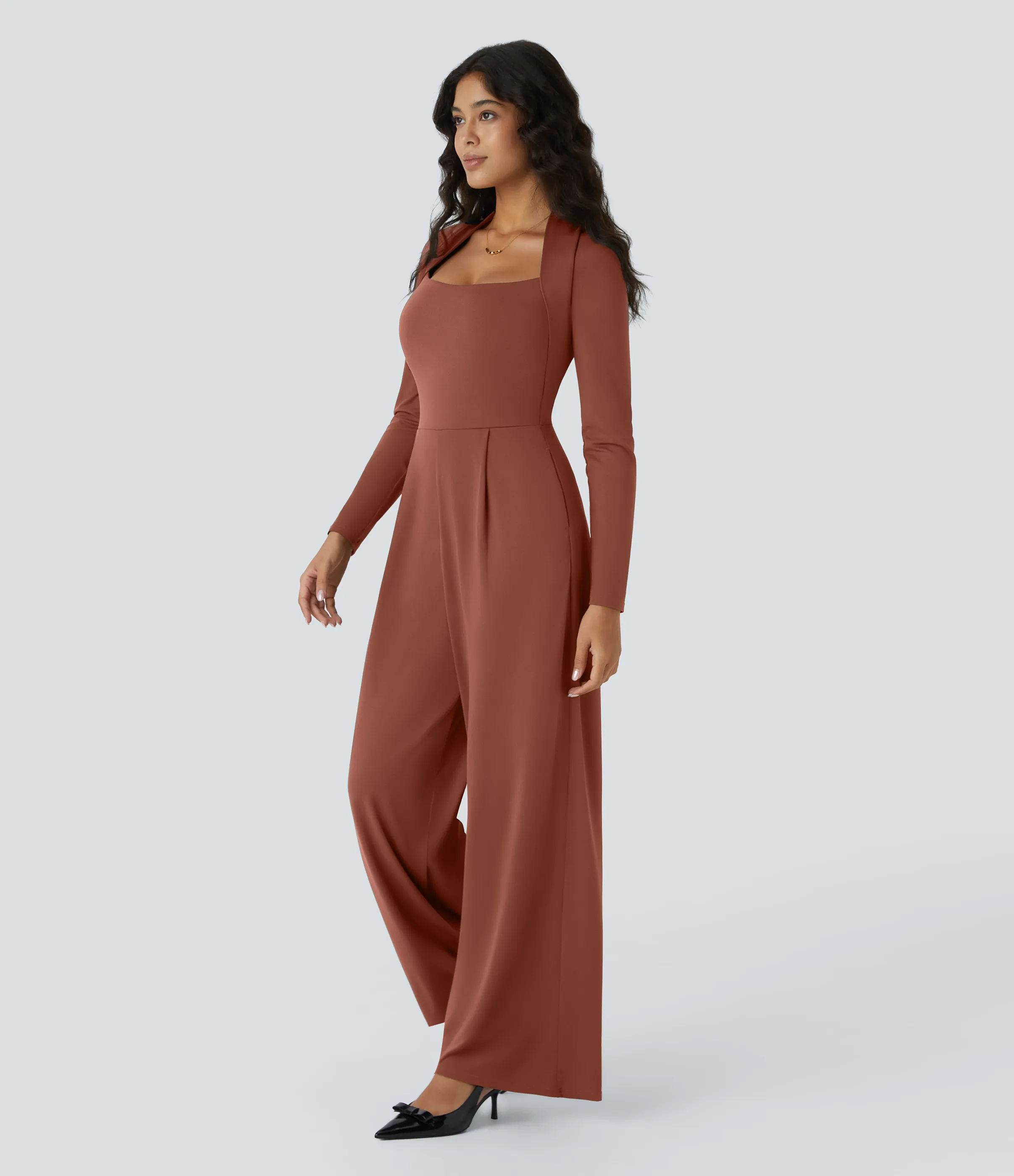 Halara Mono dama honor invitada boda manga larga bolsillo lateral cremallera invisible pierna ancha - Easy Peezy - Maple Syrup - XS(regular) sold by Halara product image thumbnail 4