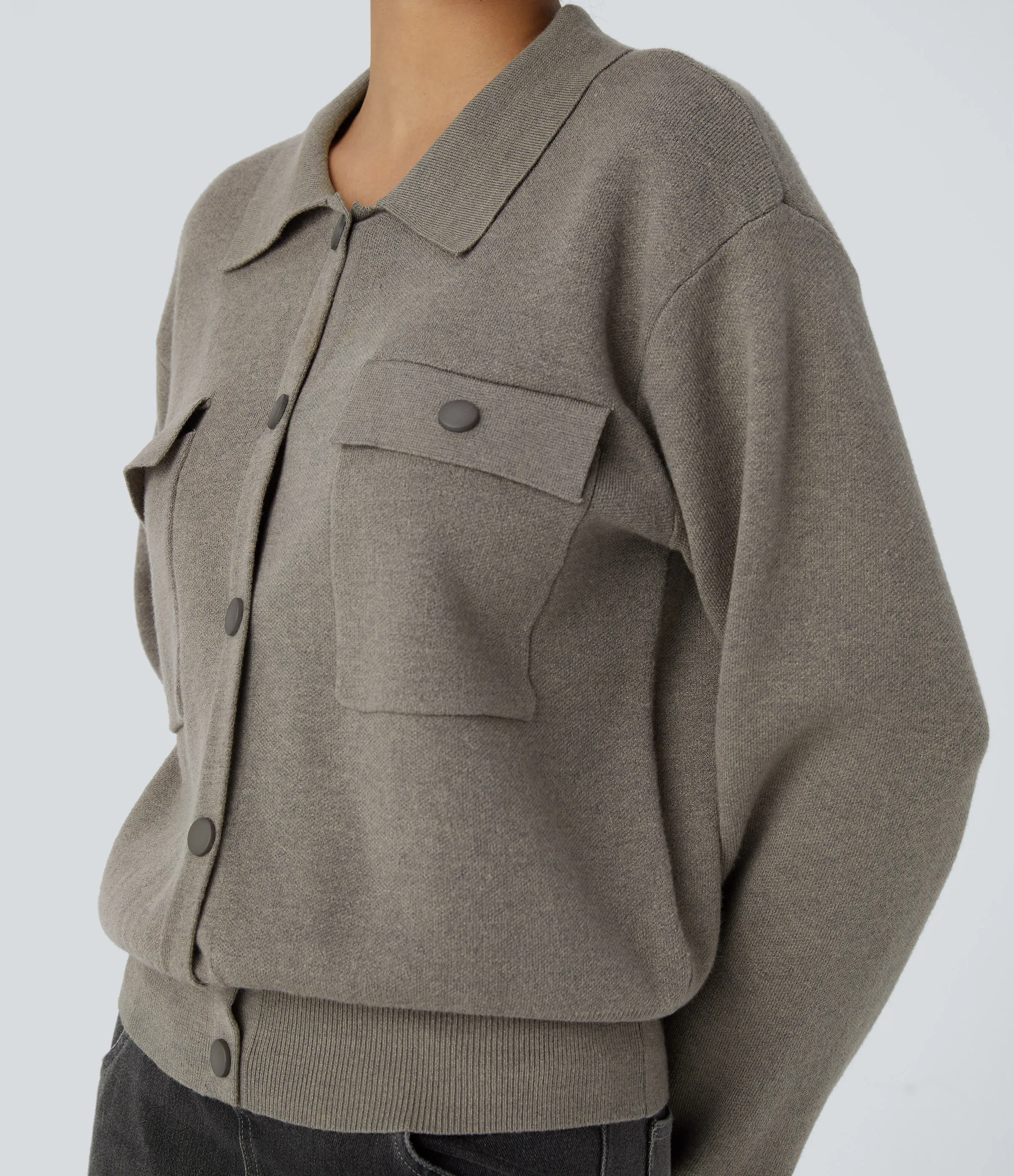 Halara Suéter manga larga cuello abotonado bolsillo pecho - Elephant Skin - XS sold by Halara product image thumbnail 5