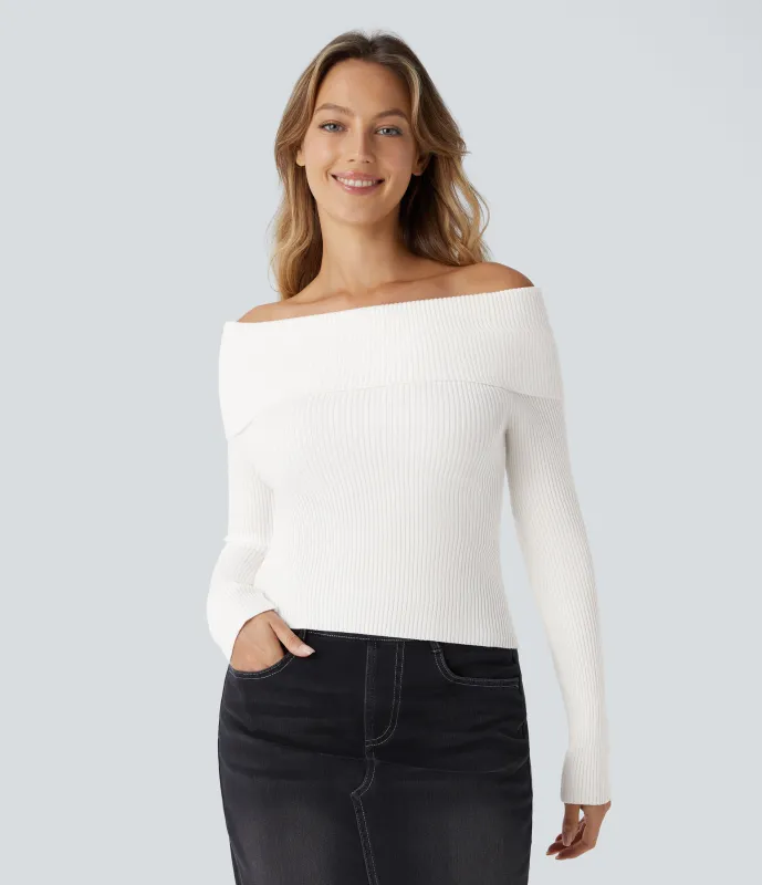 Halara Suéter manga larga sin hombro doblado - White - XL made by Halara