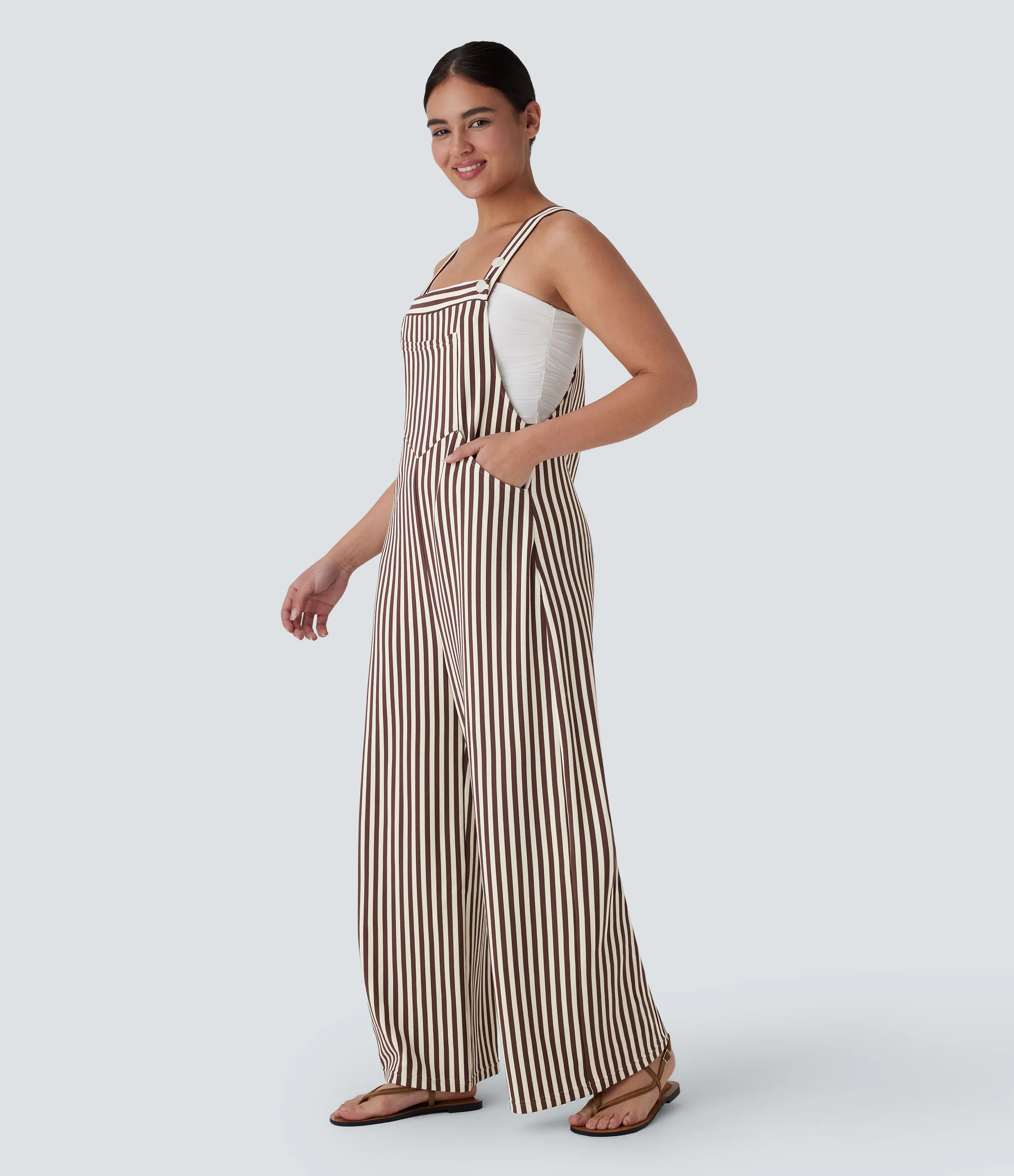 Halara Overol resort gofre raya múltiple bolsillo botón correa ajustable - Khaki Brown Horizontal Stripe - S(regular) sold by Halara product image thumbnail 4