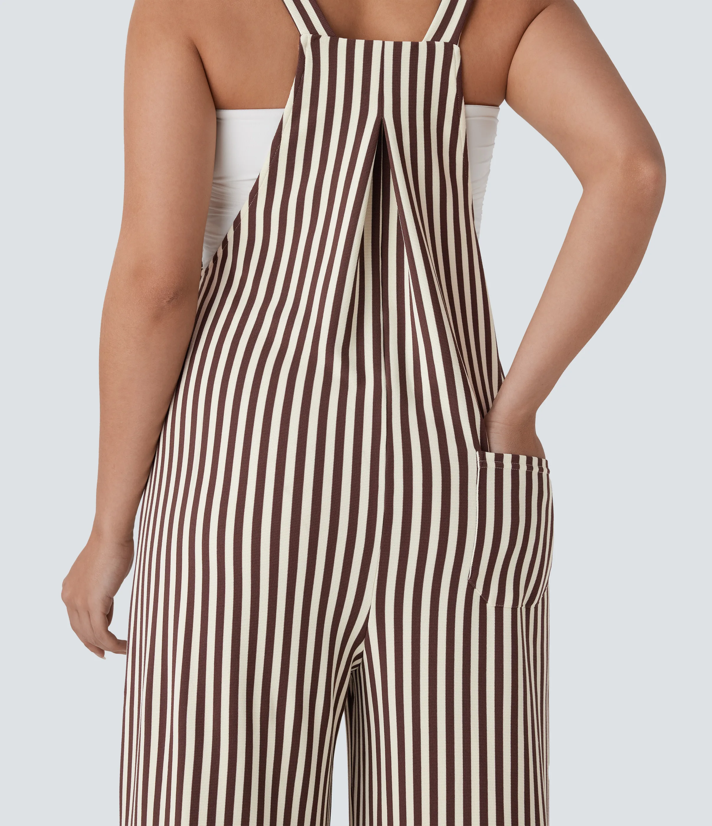 Halara Overol resort gofre raya múltiple bolsillo botón correa ajustable - Khaki Brown Horizontal Stripe - XL(tall) sold by Halara product image thumbnail 5