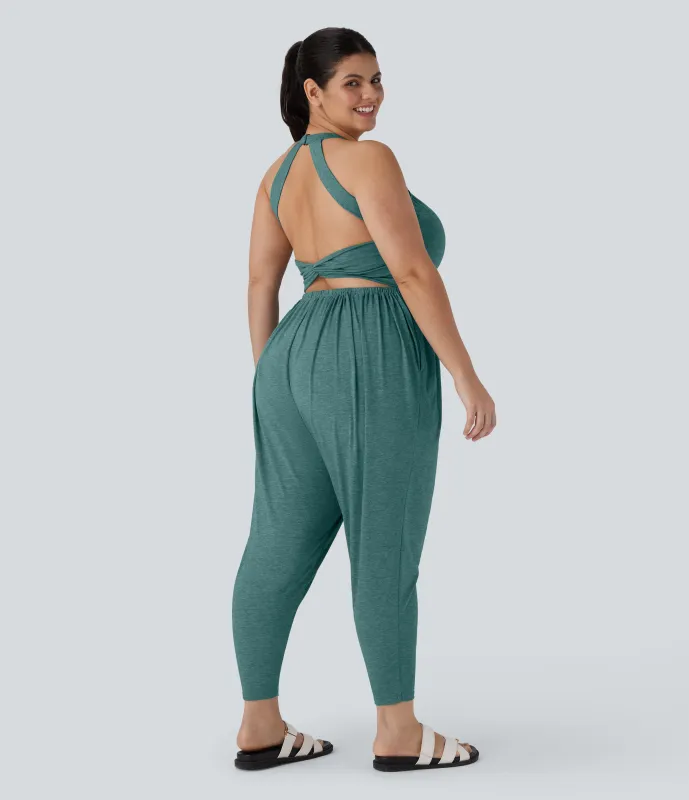 Halara Mono talla grande sin espalda diseño harén torcido bolsillo lateral - Edición Easy Peezy - Jade Green Floral Yarn - 1X(regular) made by Halara