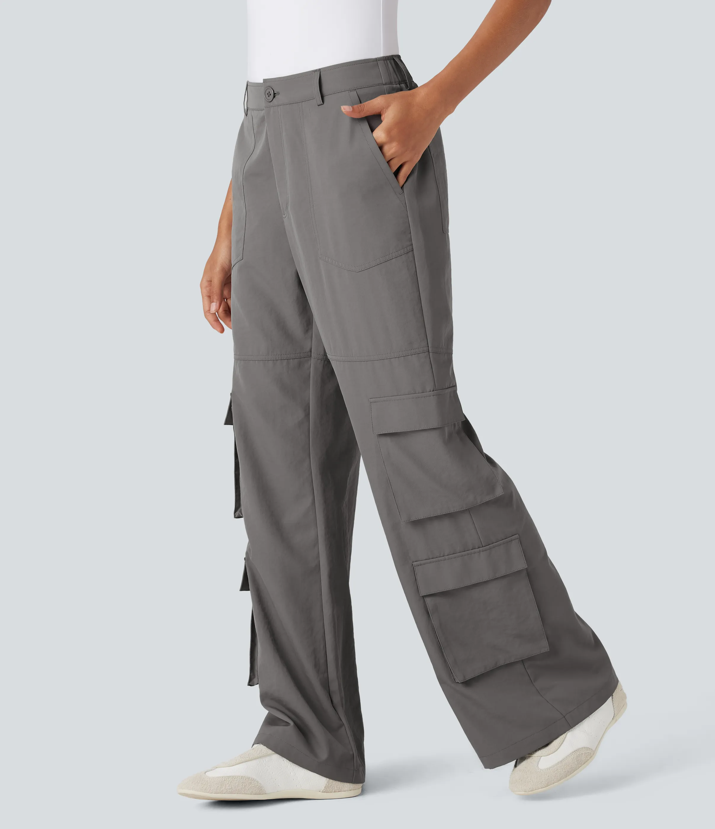 Halara Pantalones cargo casuales de tiro medio con múltiples bolsillos - Brushed Nickel - M(regular) sold by Halara