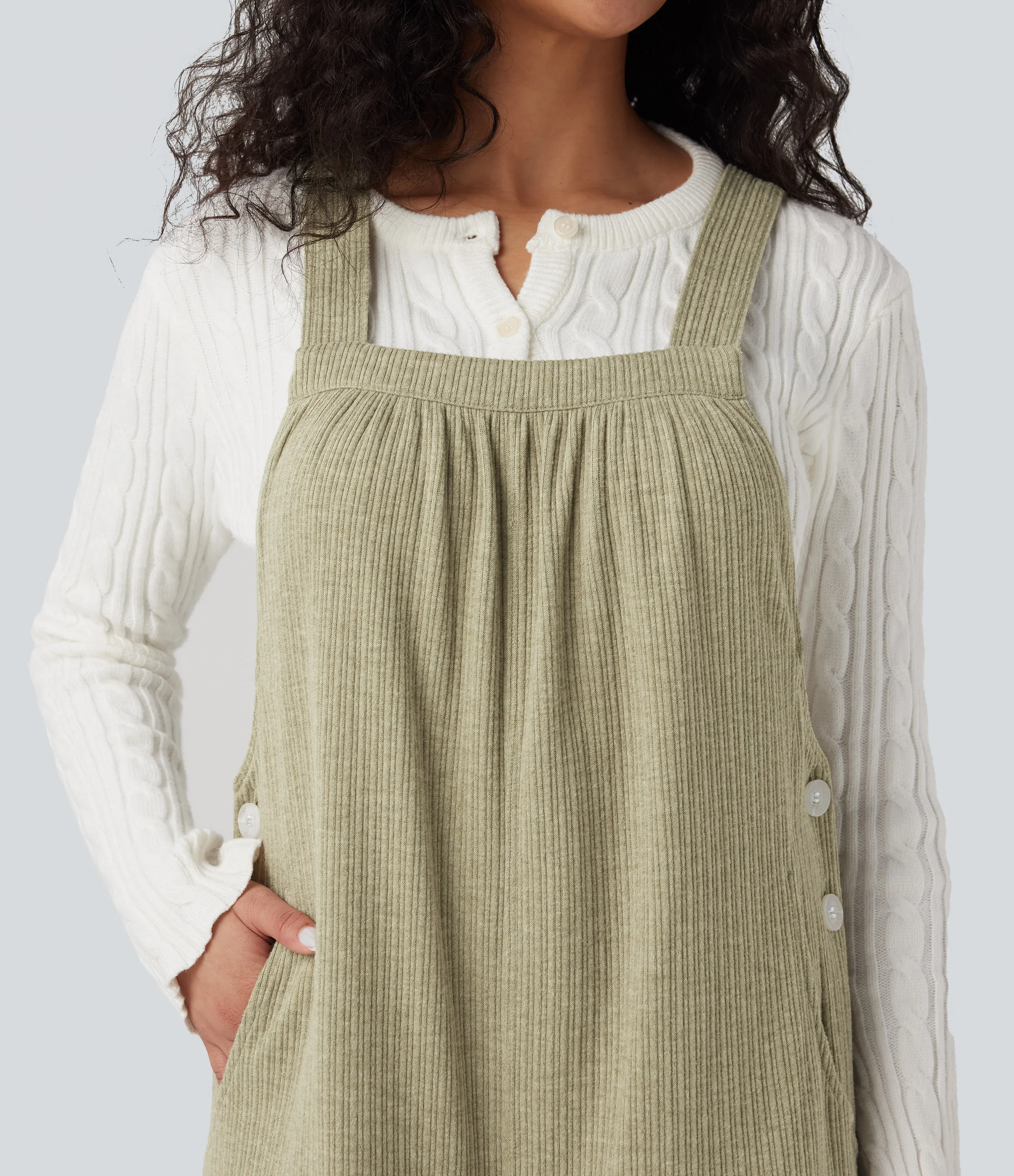 Halara Jumpsuit casual de cuello cuadrado acanalado con bolsillos - Gray Green - L(regular) sold by Halara product image thumbnail 5