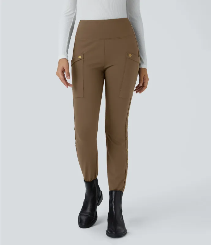 Halara Pantalón ajustado hasta tobillo bolsillo lateral botón decorativo tiro alto - Sepia - S(regular) sold by Halara