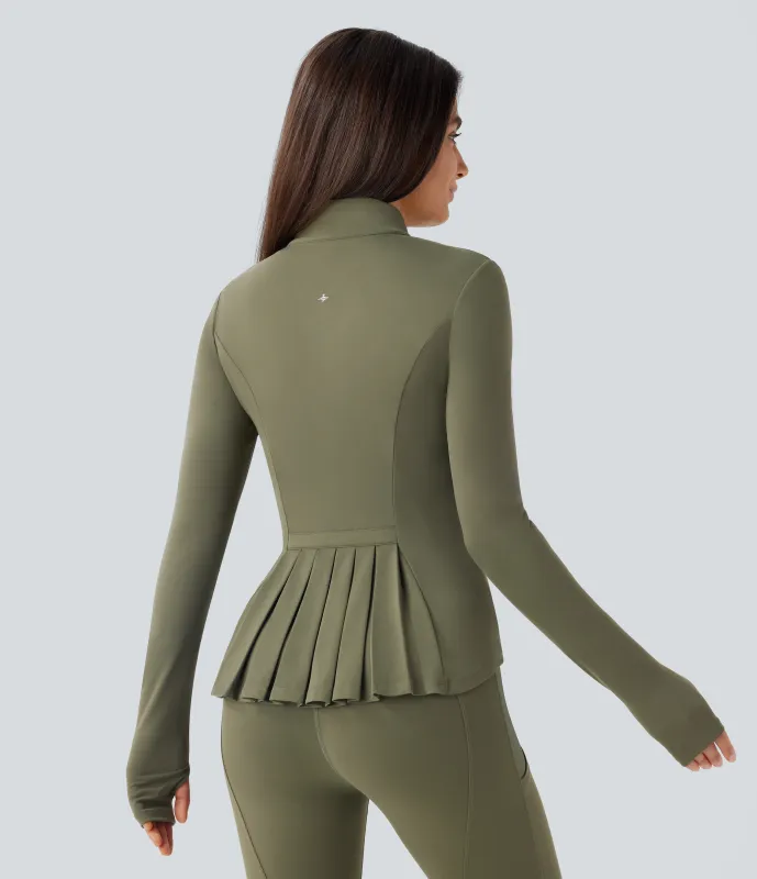 Halara Chaqueta Softlyzero™ equitación entallada cremallera plisada bolsillo orificio pulgar cuello alto - UPF50+ - Grass Grey Green - XS made by Halara