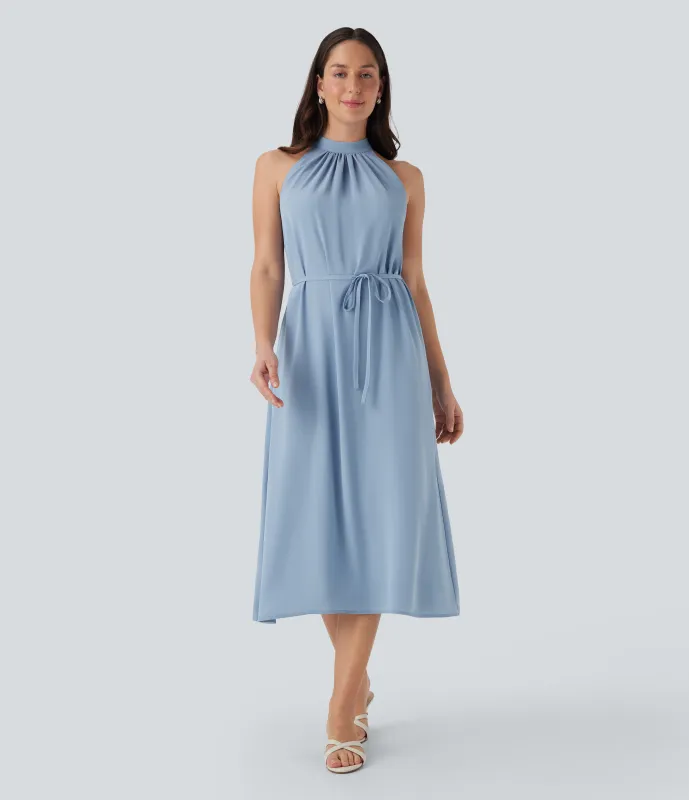 Halara Vestido midi casual con escote halter, espalda con abertura, cinturĂ³n y bolsillos laterales - Skyride - XS sold by Halara