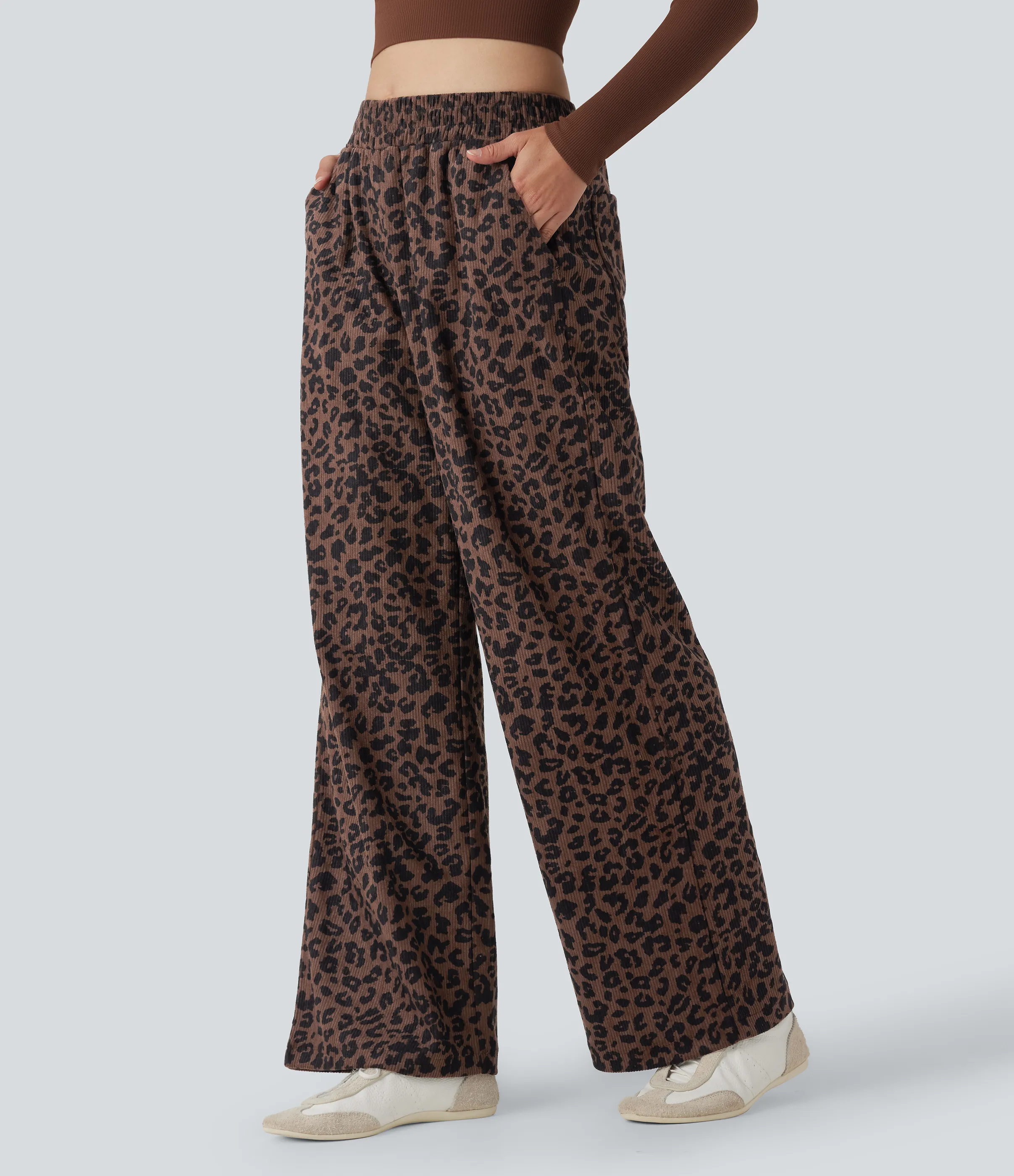 Halara Pantalones holgados casuales de pana con estampado de leopardo y tiro alto con bolsillos - Black Coffee Leopard Print - XL(regular) sold by Halara product image thumbnail 2