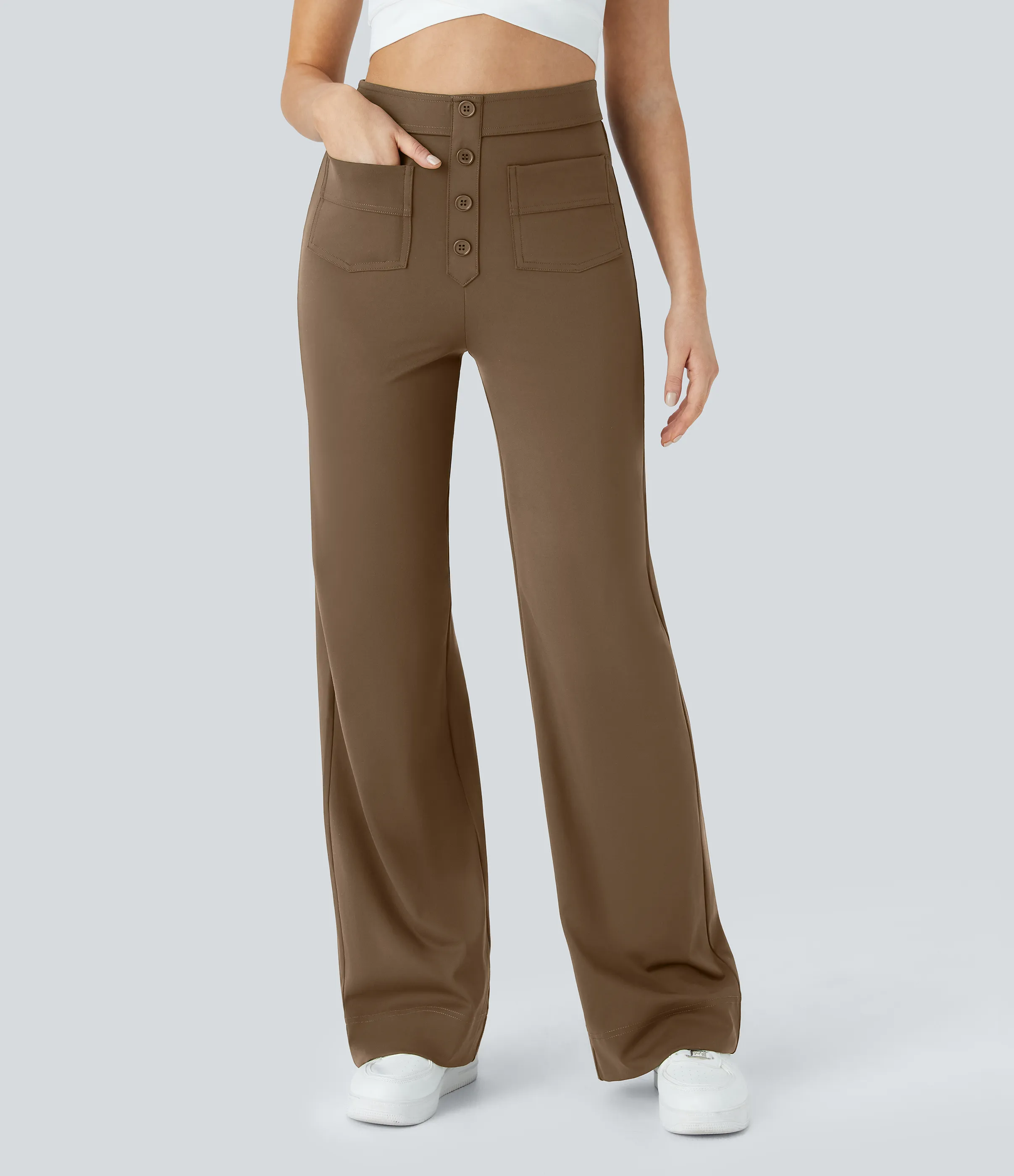 Halara Pantalones pierna recta múltiple bolsillo botón tiro alto - Sepia - L(extall) sold by Halara product image thumbnail 5