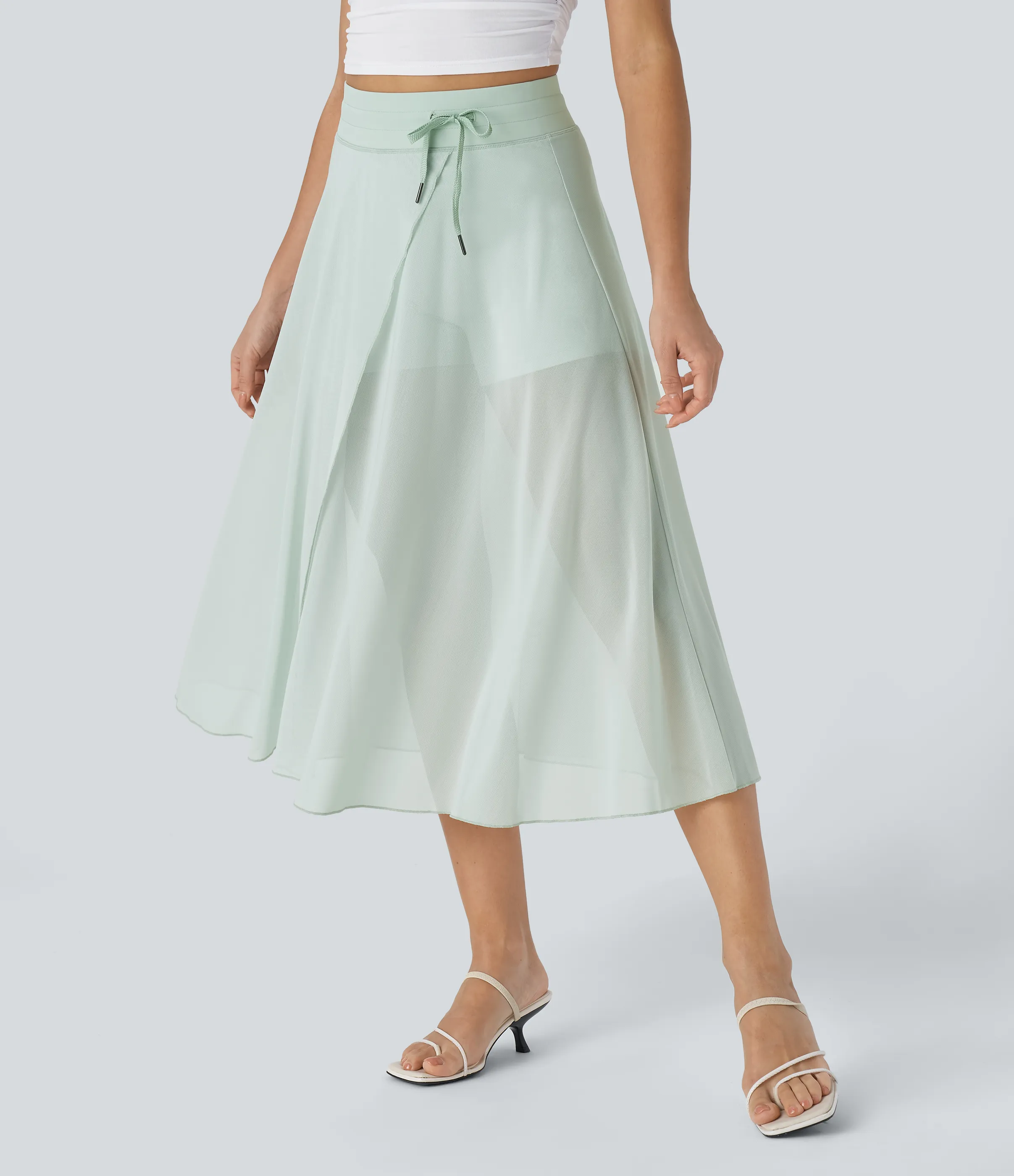 Halara Falda midi casual 2 en 1 acampanada con bolsillo lateral de tiro alto con cordón y malla en contraste - Sprout Green - S sold by Halara product image thumbnail 4