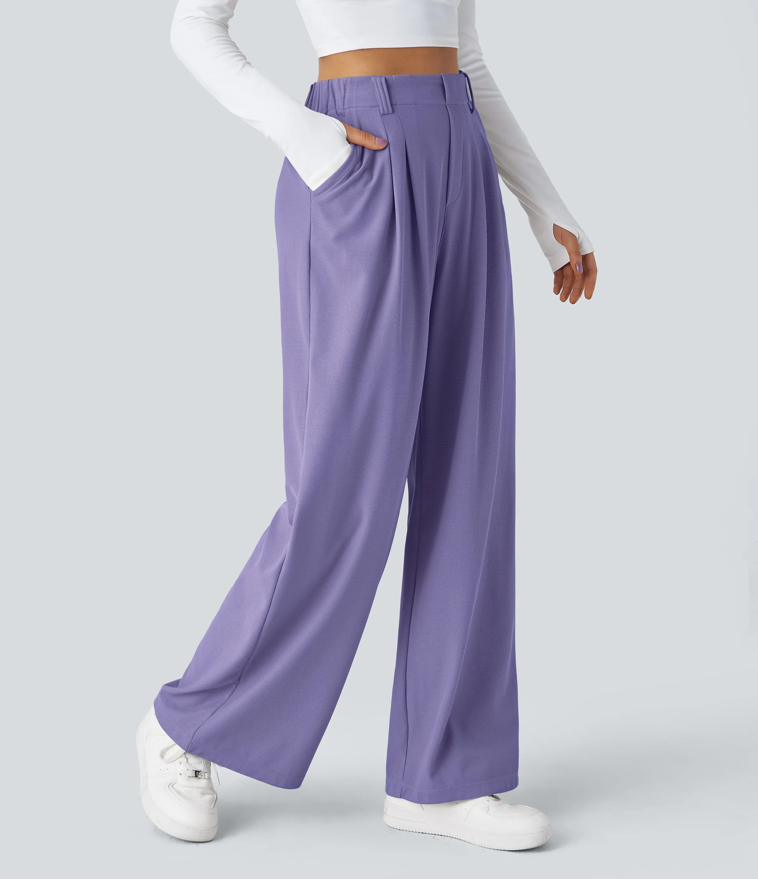 Halara Pantalones Halara Flex™ de oficina anchos plisados de tiro alto con bolsillos en tela tipo gofre - Mellow Purple - L(petite) sold by Halara