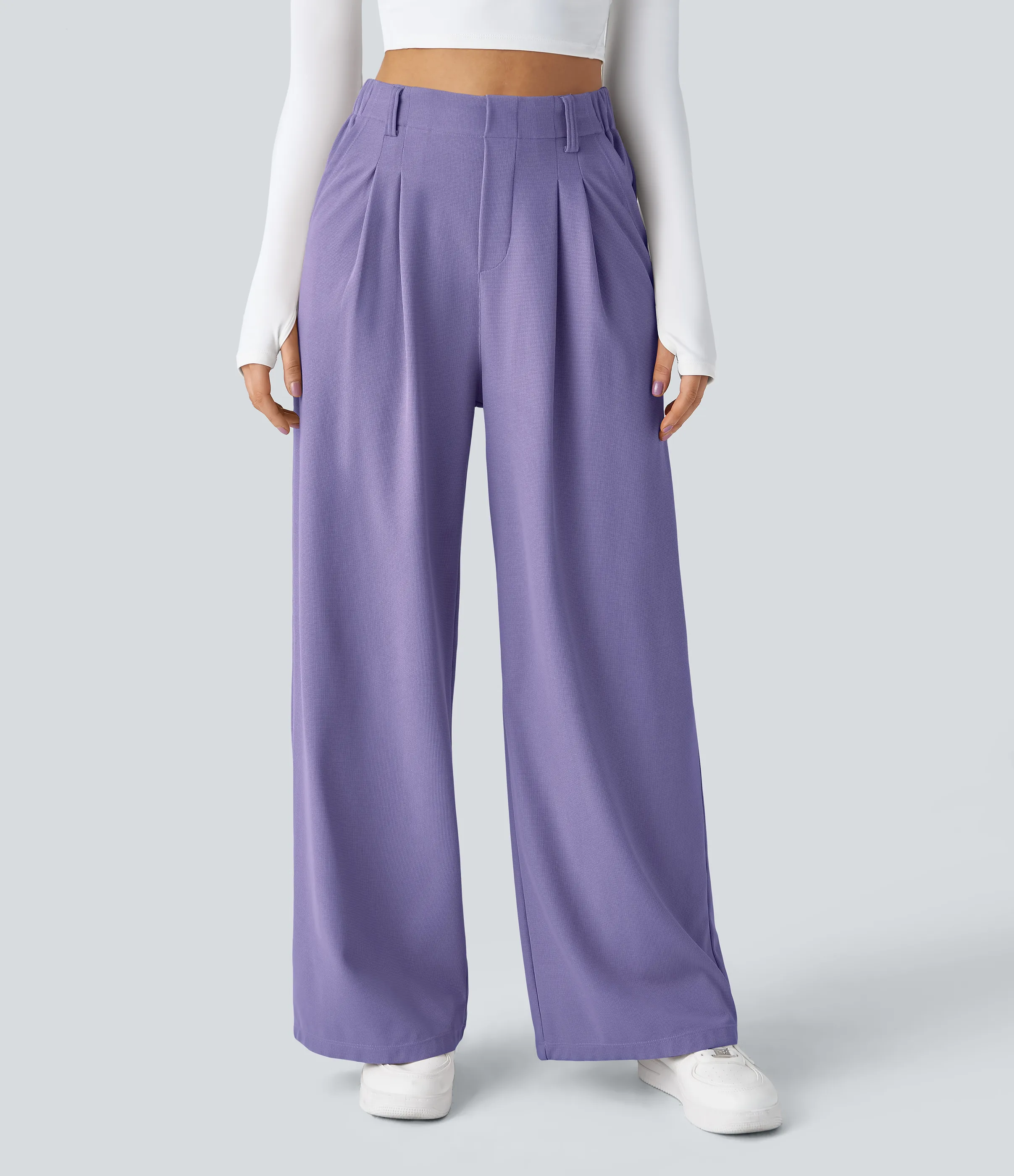 Halara Pantalones Halara Flex™ de oficina anchos plisados de tiro alto con bolsillos en tela tipo gofre - Mellow Purple - L(petite) sold by Halara product image thumbnail 4