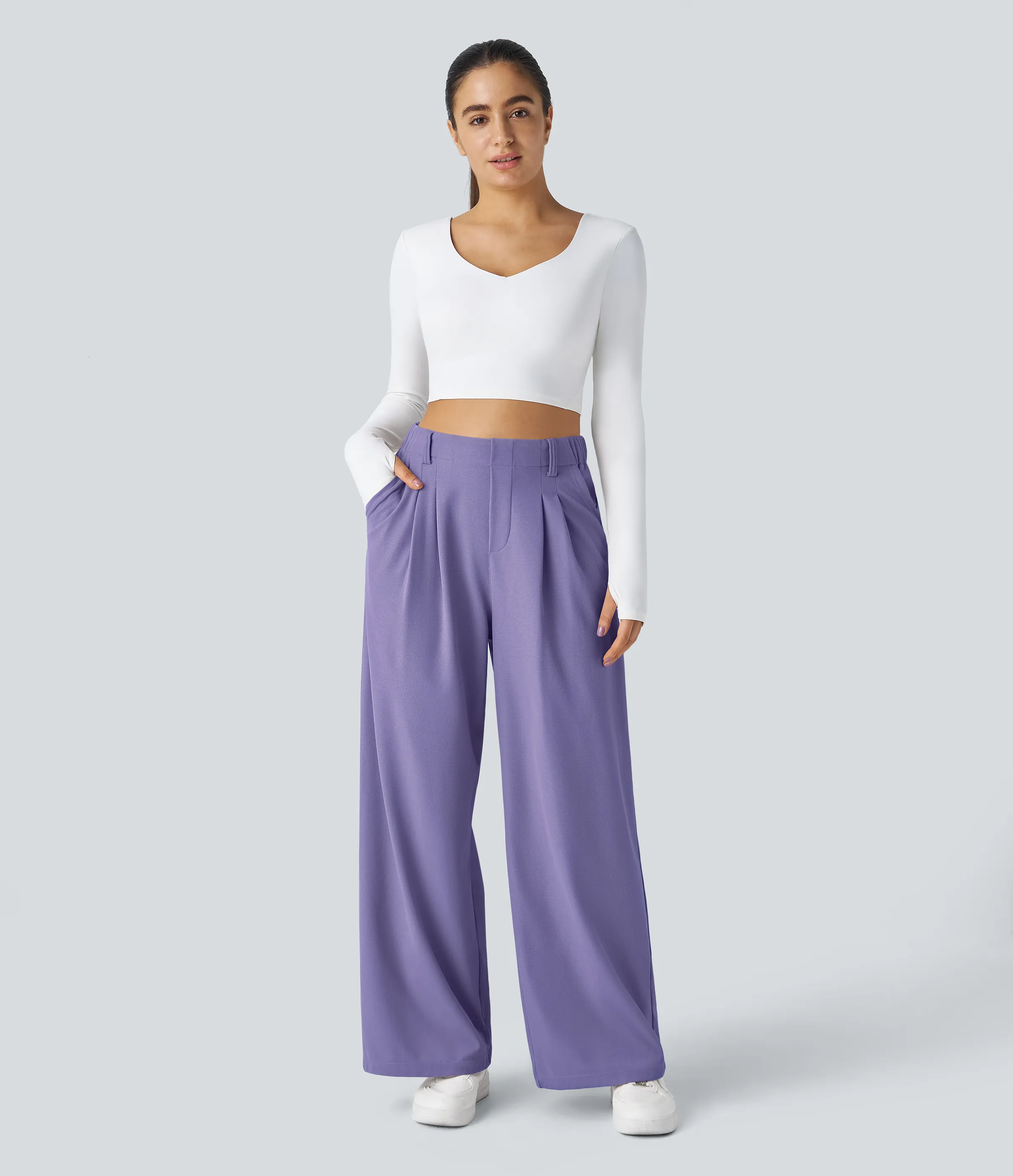 Halara Pantalones Halara Flex™ de oficina anchos plisados de tiro alto con bolsillos en tela tipo gofre - Mellow Purple - L(petite) sold by Halara product image thumbnail 5