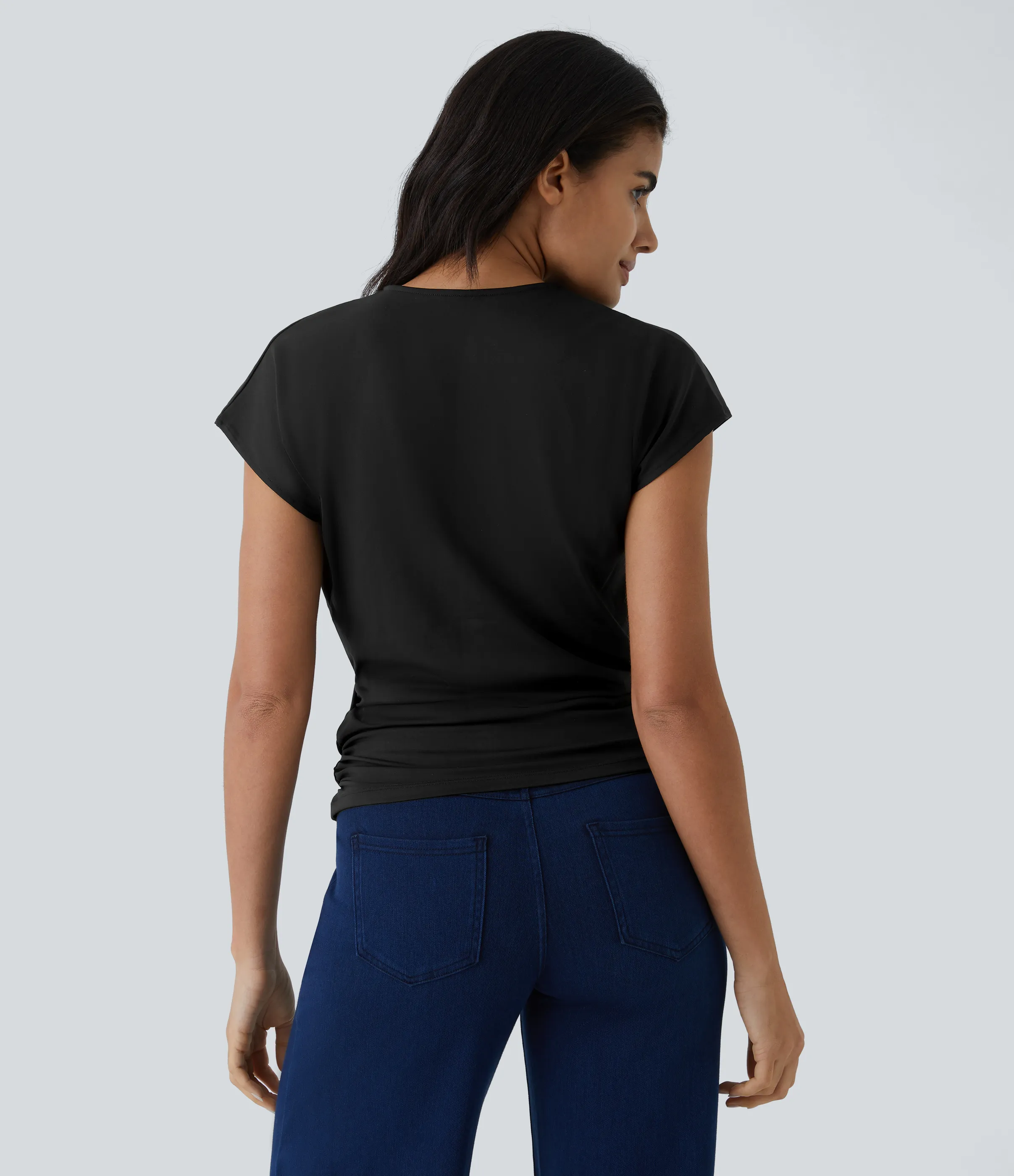 Halara Blusa oficina sólida pliegue cruzado manga japonesa cuello V - Black - L sold by Halara product image thumbnail 3