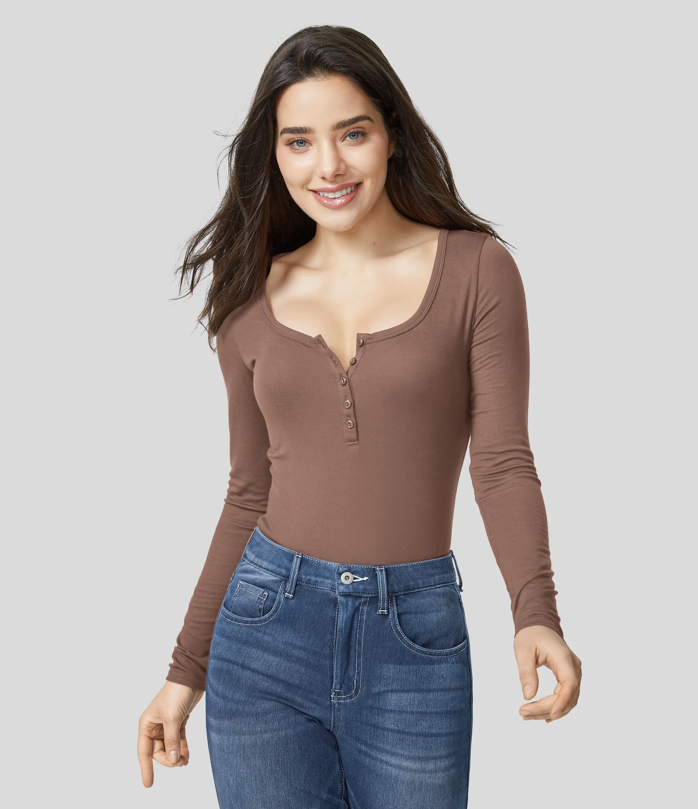 Halara Top ajustado manga larga cuello Henley acanalado - Beaver Fur - XL sold by Halara product image thumbnail 2