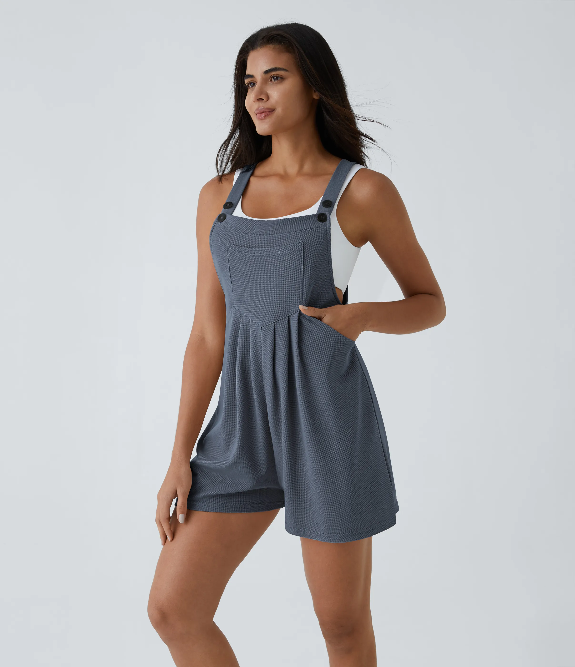 Halara Overol botón correa ajustable bolsillo múltiple gofre plisado - Grisaille - XL sold by Halara product image thumbnail 4