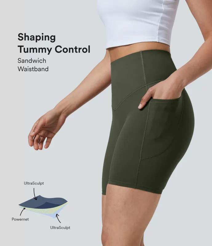 Halara Pantalones cortos SoCinched motociclista entrenamiento moldeador abdomen bolsillo lateral tiro alto 17.5cm - Deep Woodland Green - S sold by Halara