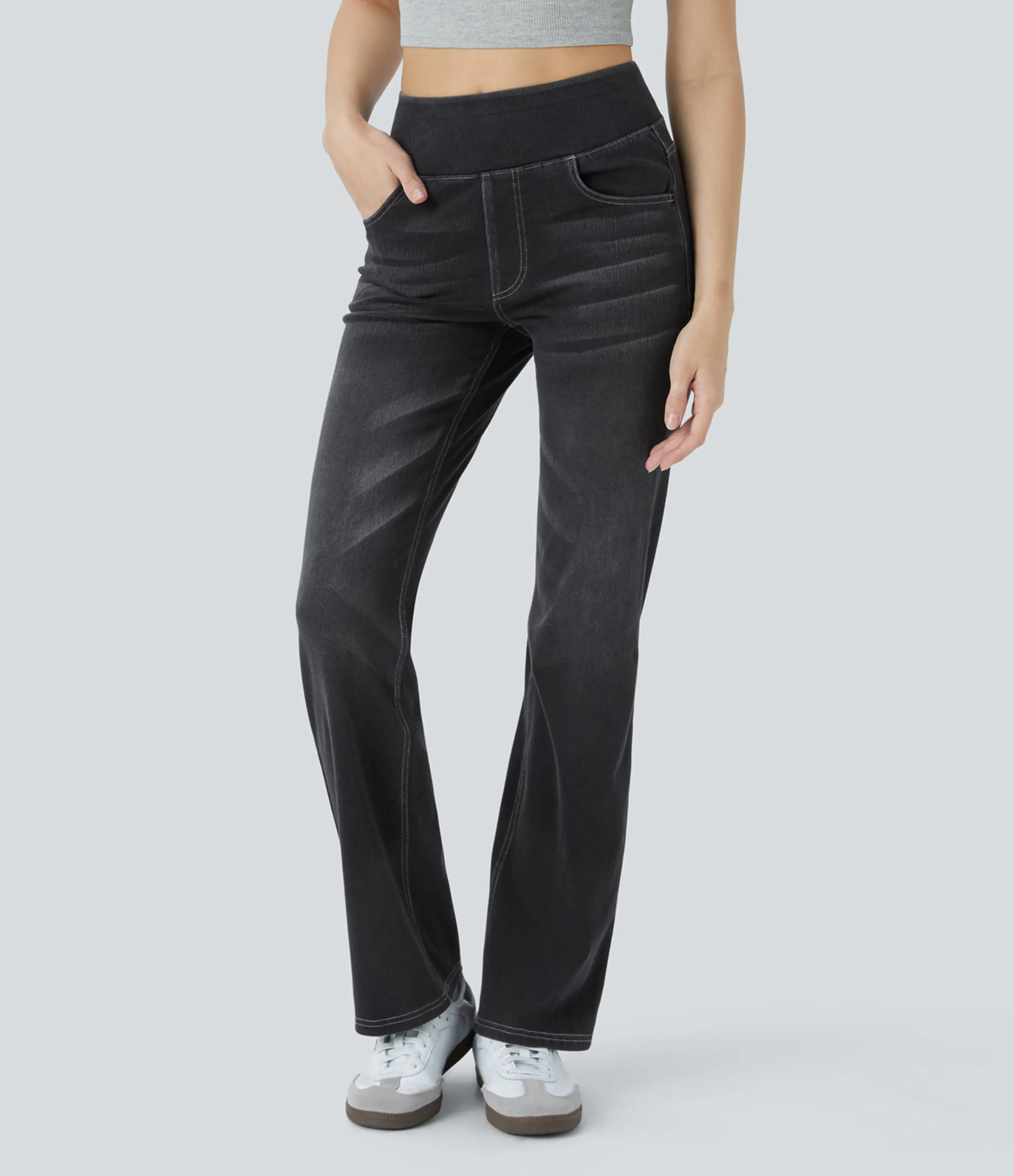 Halara Jeans Halara Flex™ Denim tiro alto lavado elástico múltiple bolsillo corte acampanado - Carbon Paint Denim - M(tall) sold by Halara