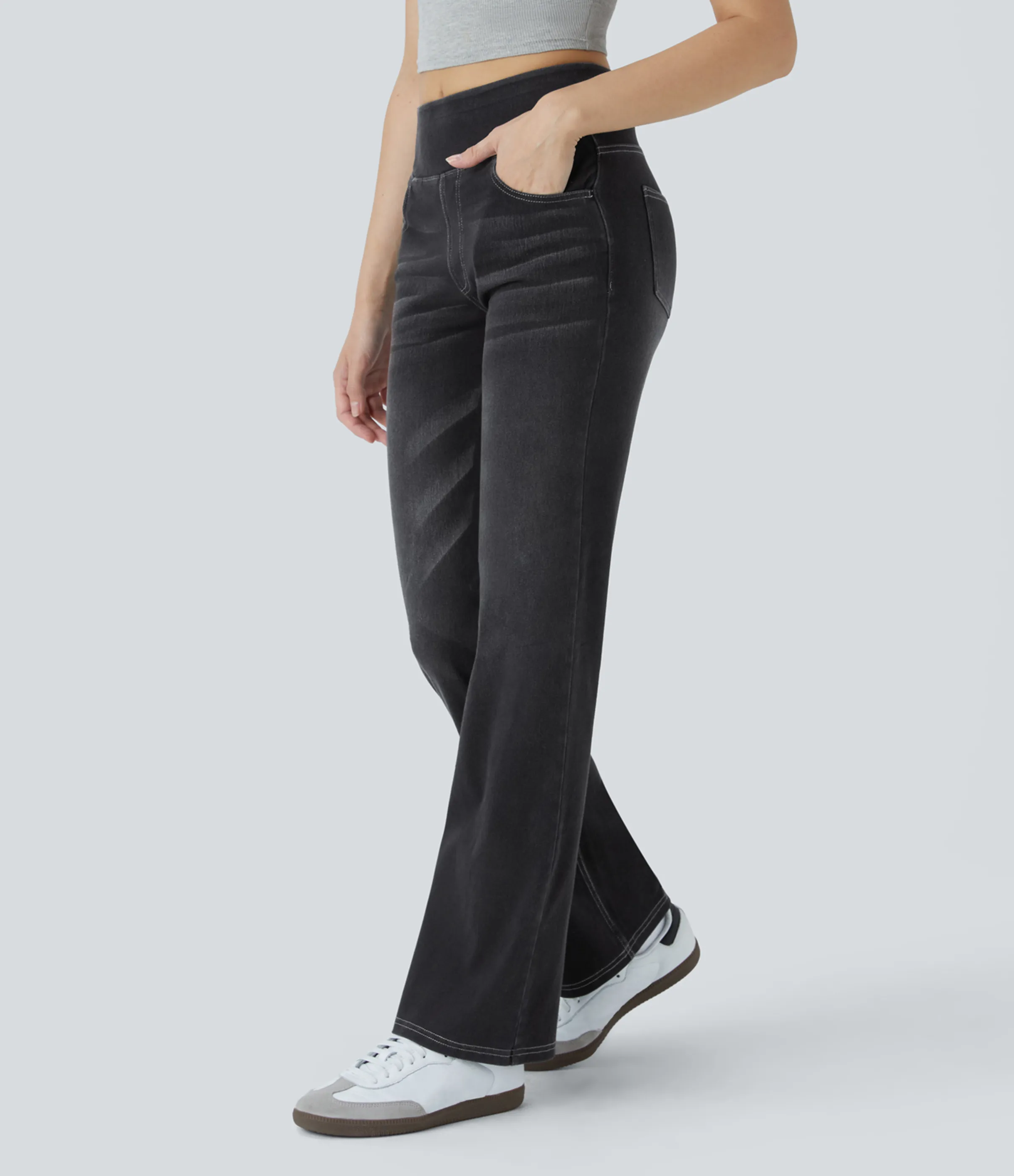 Halara Jeans Halara Flex™ Denim tiro alto lavado elástico múltiple bolsillo corte acampanado - Carbon Paint Denim - M(tall) sold by Halara product image thumbnail 4