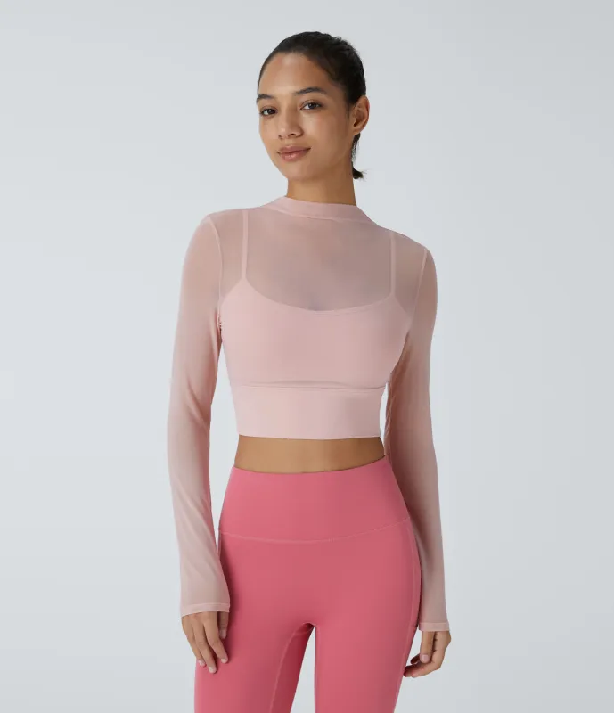 Halara Top deportivo yoga 2 en 1 manga larga malla contrastante - Sheer Rosebud - XL made by Halara
