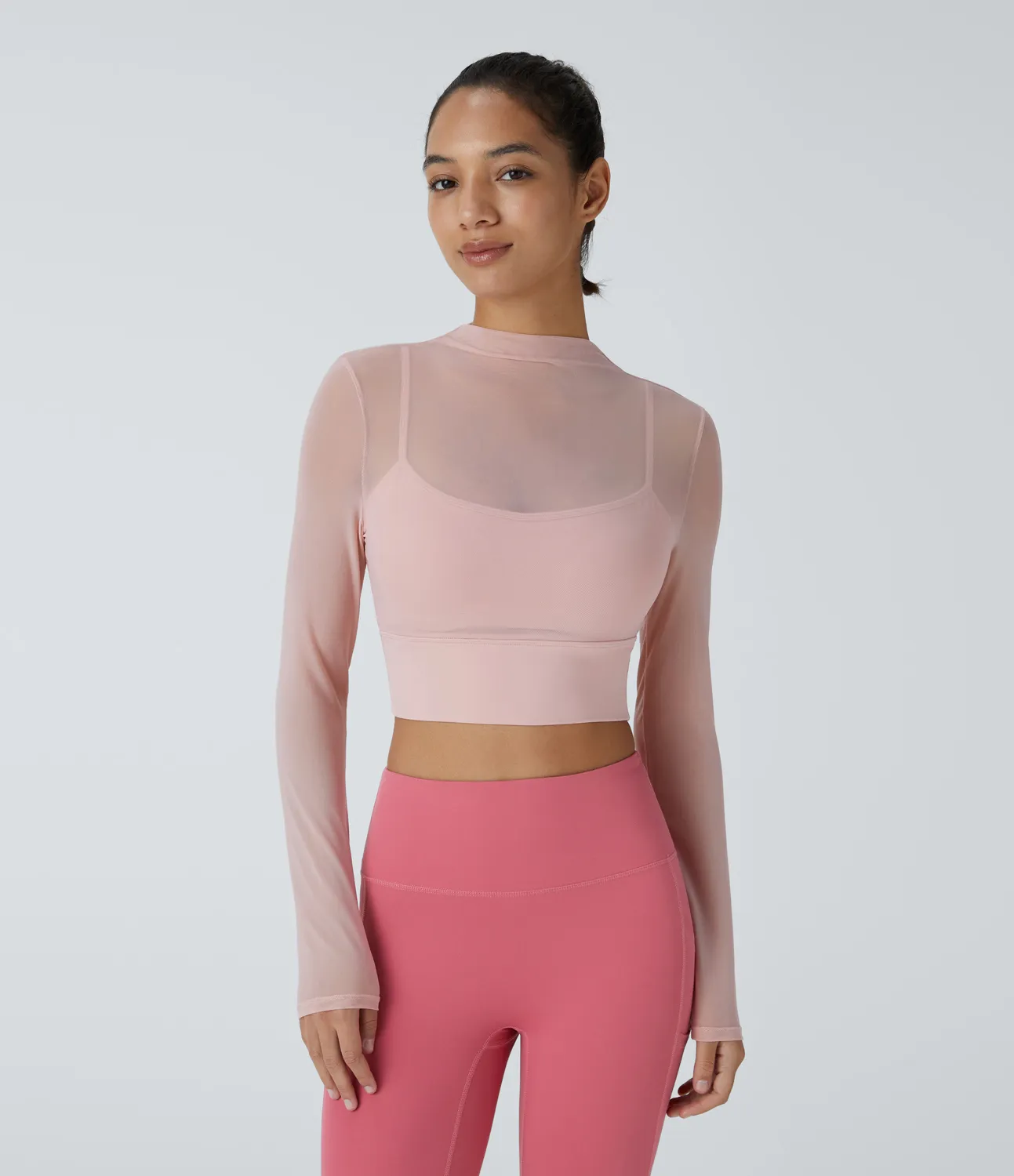 Halara Top deportivo yoga 2 en 1 manga larga malla contrastante - Sheer Rosebud - XL sold by Halara