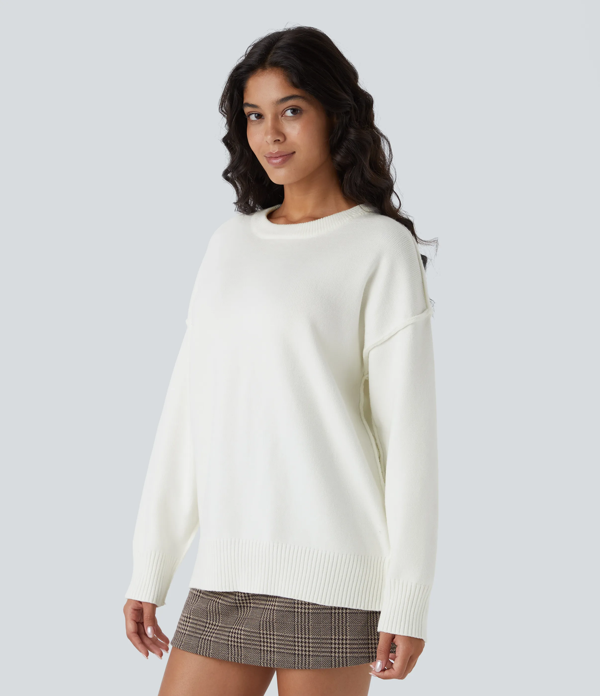 Halara Suéter manga larga hombro caído cuello redondo - White - L sold by Halara product image thumbnail 4