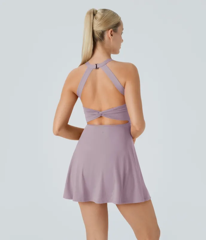 Halara Vestido deportivo sin espalda con diseño retorcido en copas D-F - Pink Purple - XL made by Halara