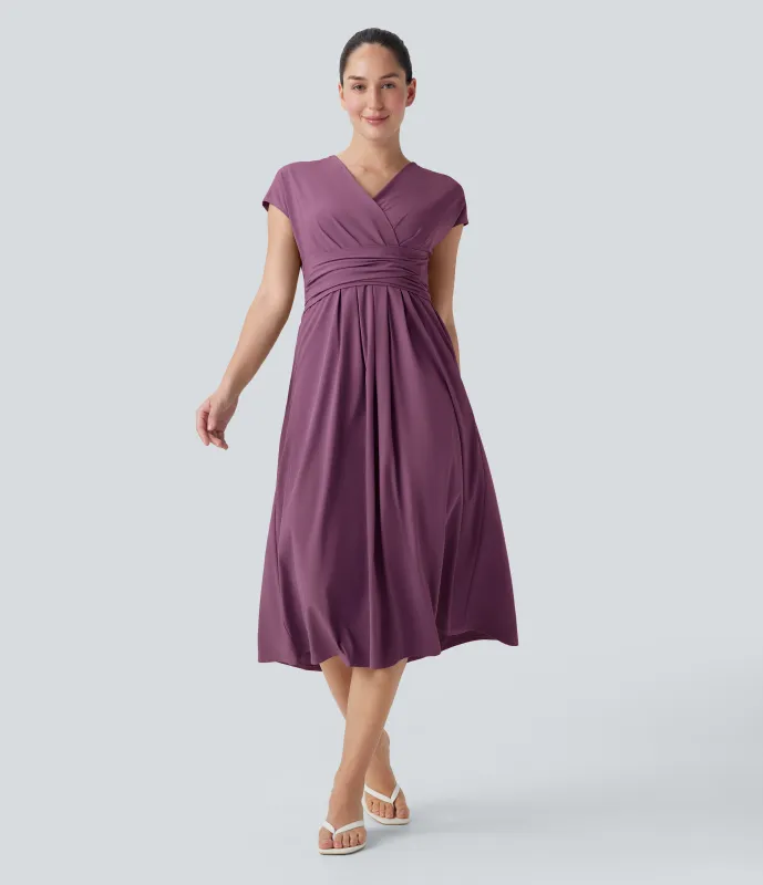 Halara Vestido casual midi Breezeful™ de secado rápido con cuello en V, manga corta, bolsillo lateral y lazo en la espalda - Amaranth - S made by Halara