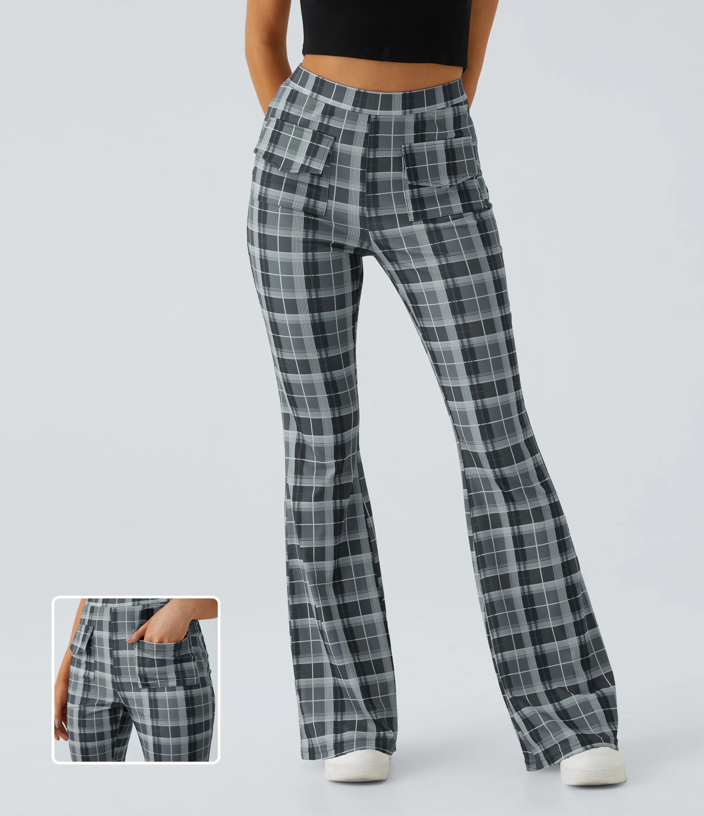 Halara Pantalón acampanado a cuadros con bolsillos y tiro alto - Grey Blue Plaid - L sold by Halara product image thumbnail 2