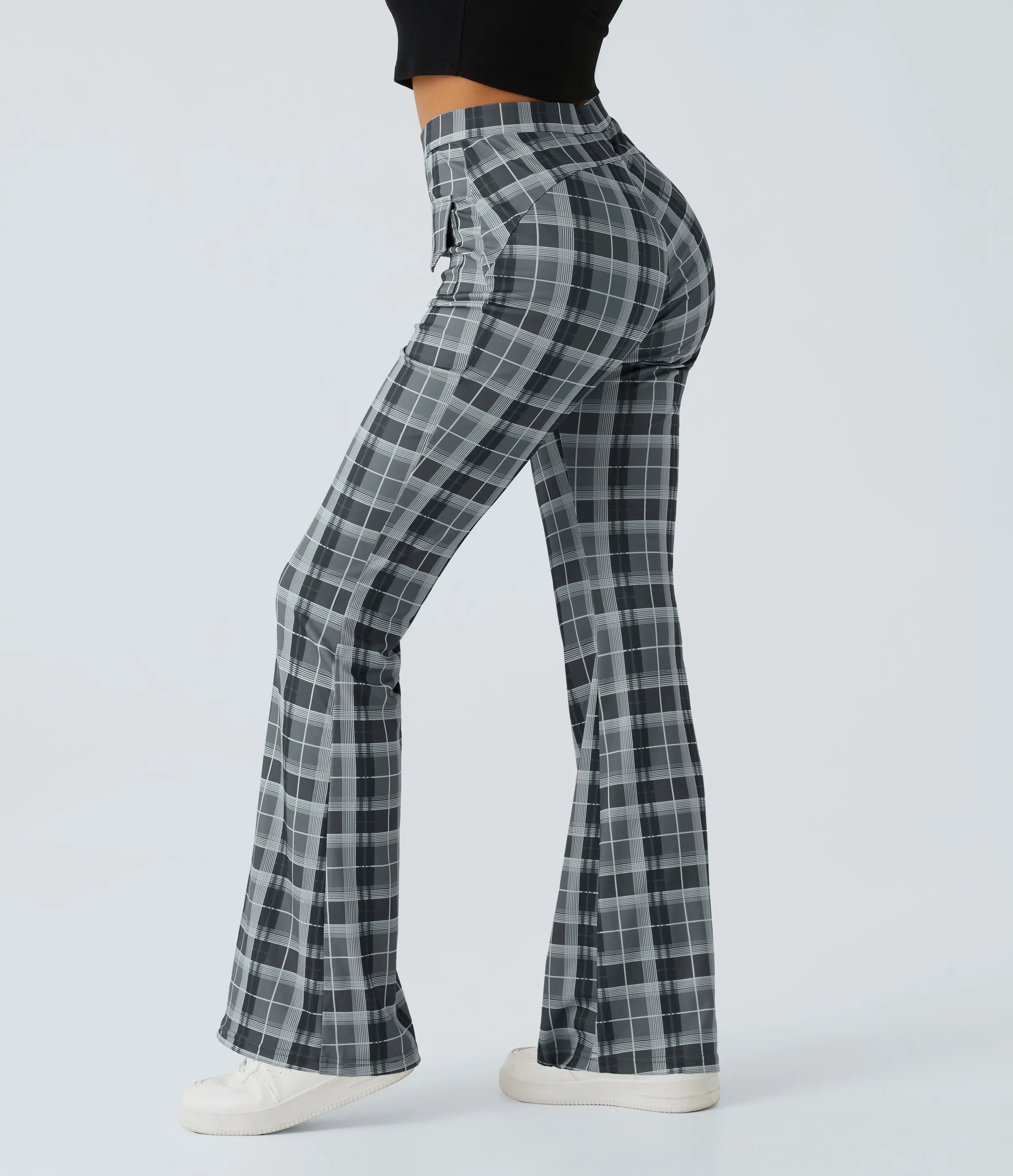 Halara Pantalón acampanado a cuadros con bolsillos y tiro alto - Grey Blue Plaid - L sold by Halara product image thumbnail 3