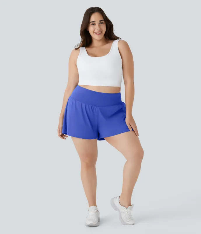 Halara Pantalón corto talla grande yoga 2 en 1 tiro súper alto bolsillo trasero oculto lateral más largo 10cm - Aster Blue - 3X(Long) made by Halara